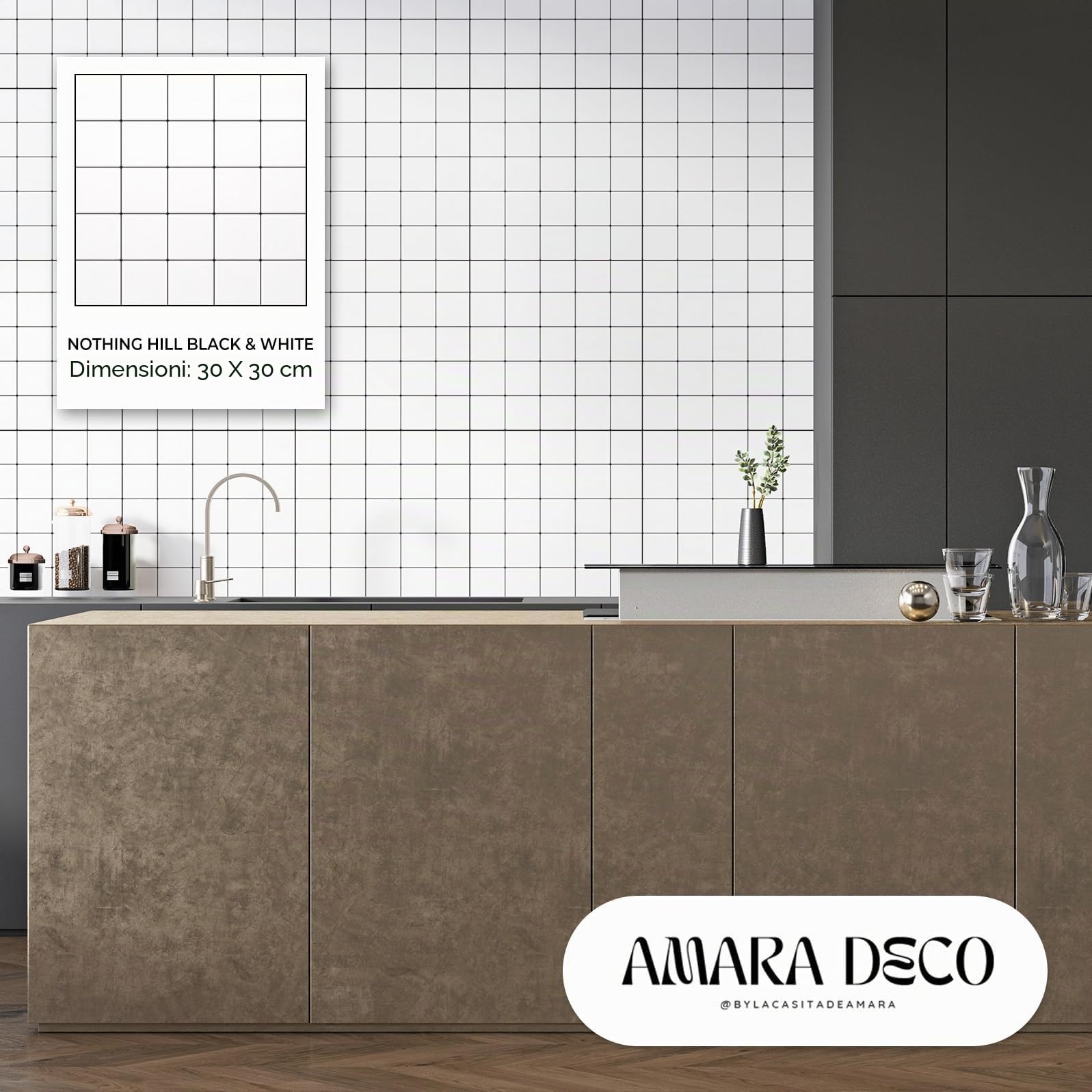 AMARA DECO – 20 Piastrelle Adesive Cucina e Bagno 30x30cm. Mattonelle Adesive da Parete con Effetto Piastrelle 3D, Impermeabili, Resistenti al Calore e Facili da Pulire (Quadrati) (20, Bianco e Nero)