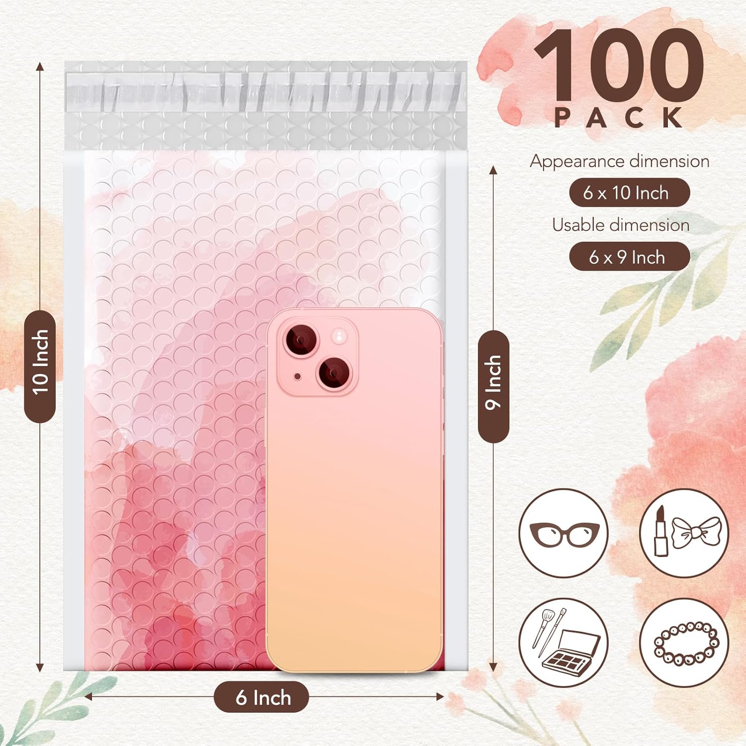 Fuxury Bubble Mailers 6x10" Pink Watercolor Padded Envelopes 100 Pack Usable Size 6x9" Bubble Envelopes Strong Adhesion Padded Mailers Thick Waterproof Shipping Envelops for Mailing Jewelry Makeup #0