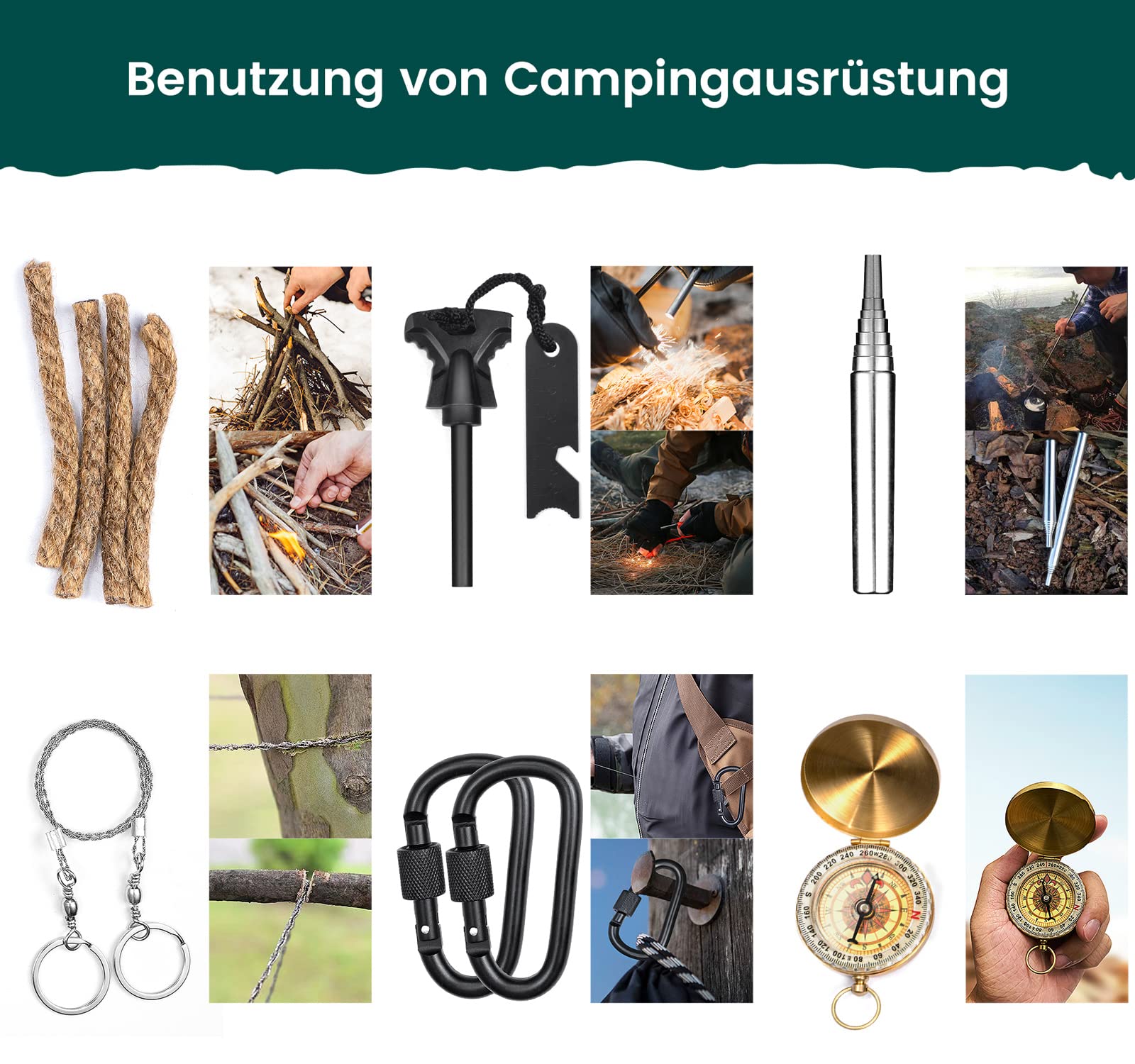 Kit Sopravvivenza Professionale, Kit Emergenza Sopravvivenza Guerra con Campeggio Accessori Survival Kit Perfetto per Campeggio Montagna Caccia, Avventura, Regali per Uomo Papà Lui Compleanno