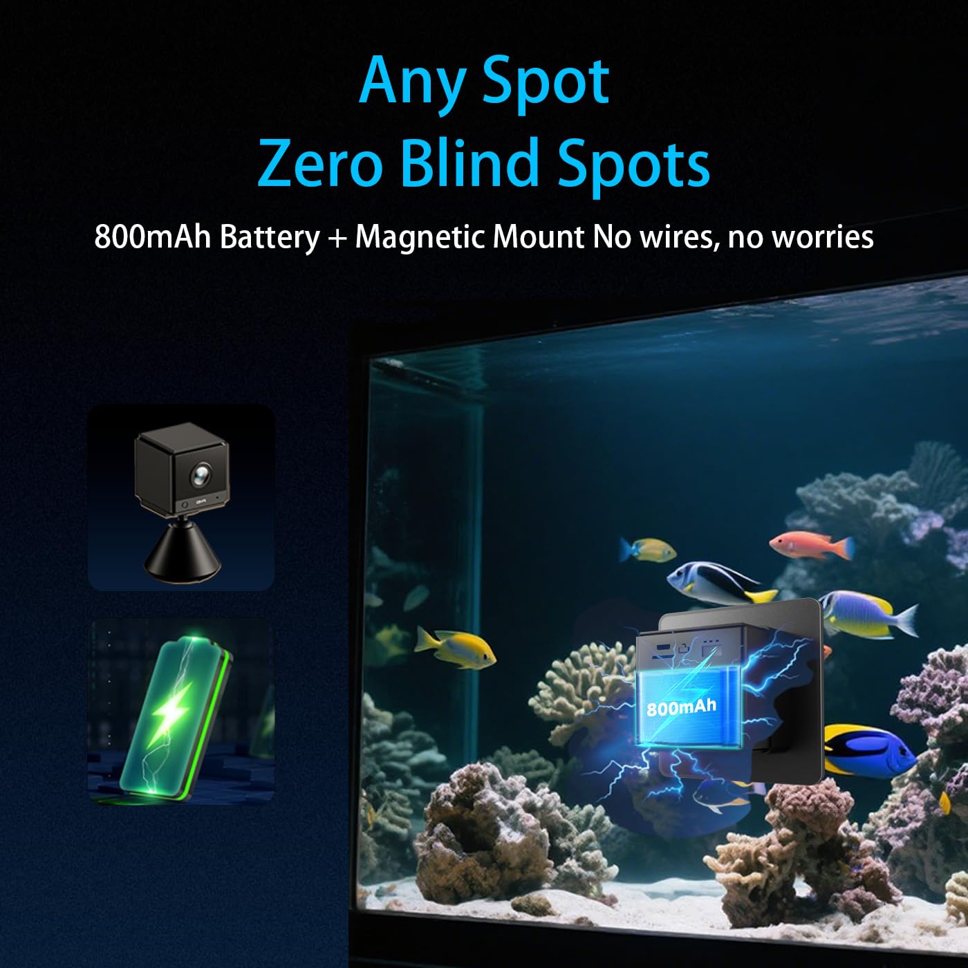 Caméra WiFi 2K HD pour aquarium et terrarium, grand angle 140°, vision nocturne, audio bidirectionnel