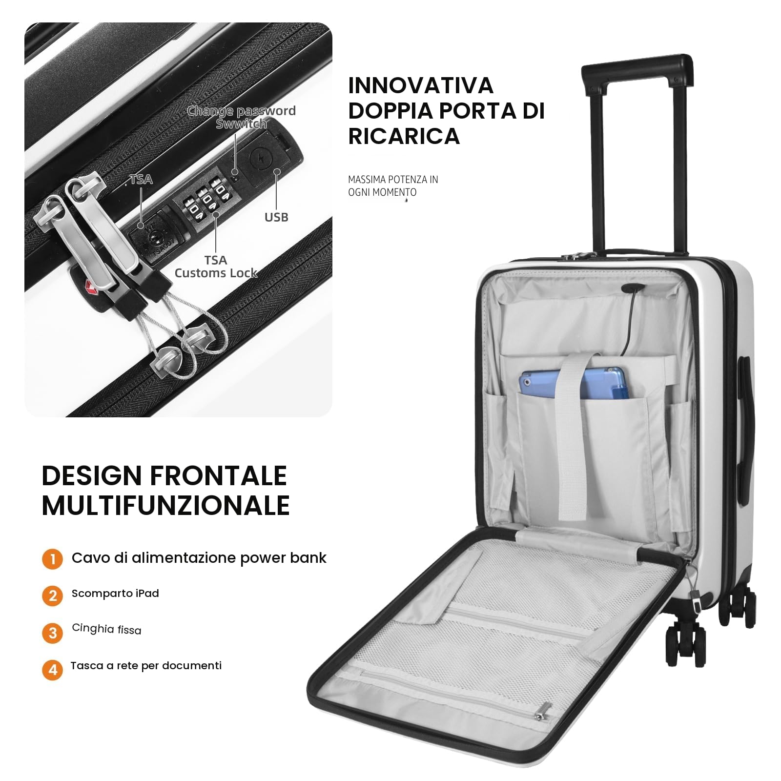 Valigia da 20 pollici con Tasca Frontale per laptop, Trolley Leggera con serratura TSA, valigia bagaglio a mano con Ruote girevoli a 360°, Ricarica USB,Porta bicchieri