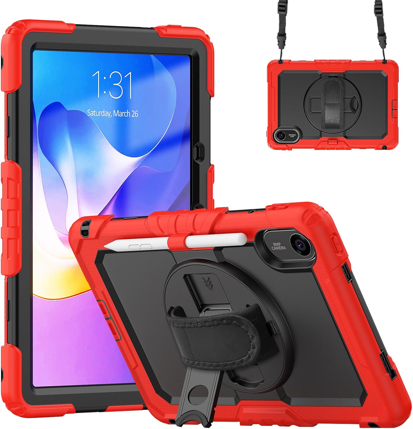 Compatible with Xiaomi Redmi Pad 2 11 inch Released 2025 Case with Screen Protector Heavy Duty Shockproof Protective Case Drop-Proof Cover Swivel Kickstand+Handle+Strapp Silicone Cover(Red)