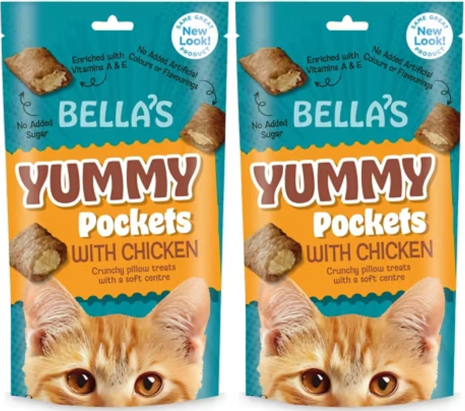 Bella's Yummy Pockets Cat Treats with Catnip 100g Pack of 2, Crunchy Pillow Snacks with Soft Centre, Adult Cat Treats Enriched with Vitamins A & E, No Added Sugar, Cat Reward Treats, Chicken & Cheese