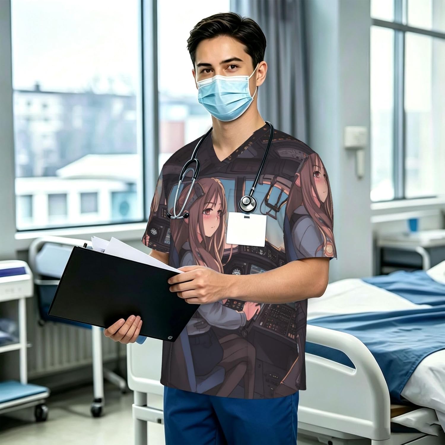 Professional Scrub Tops for Men, Classic V-Neck Workwear with 3 Pockets