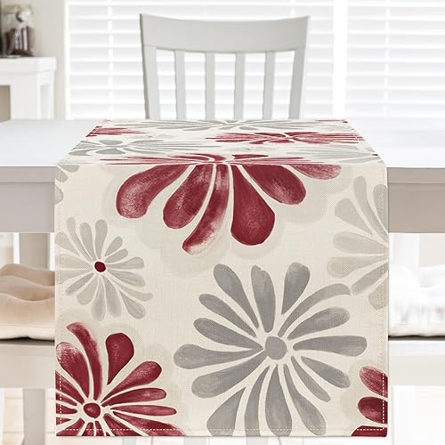 Miniatura 5 de AnyDesign Camino de mesa floral acuarela con flores rojas y grises, decoración de mesa de comedor de cocina, cubierta rústica para interiores y