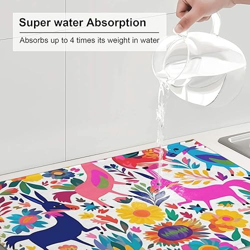 Miniatura 5 de Tapete de secado de platos para encimera de cocina, tapete escurridor antideslizante, tapete de secado de platos de animales otomíes mexicanos,