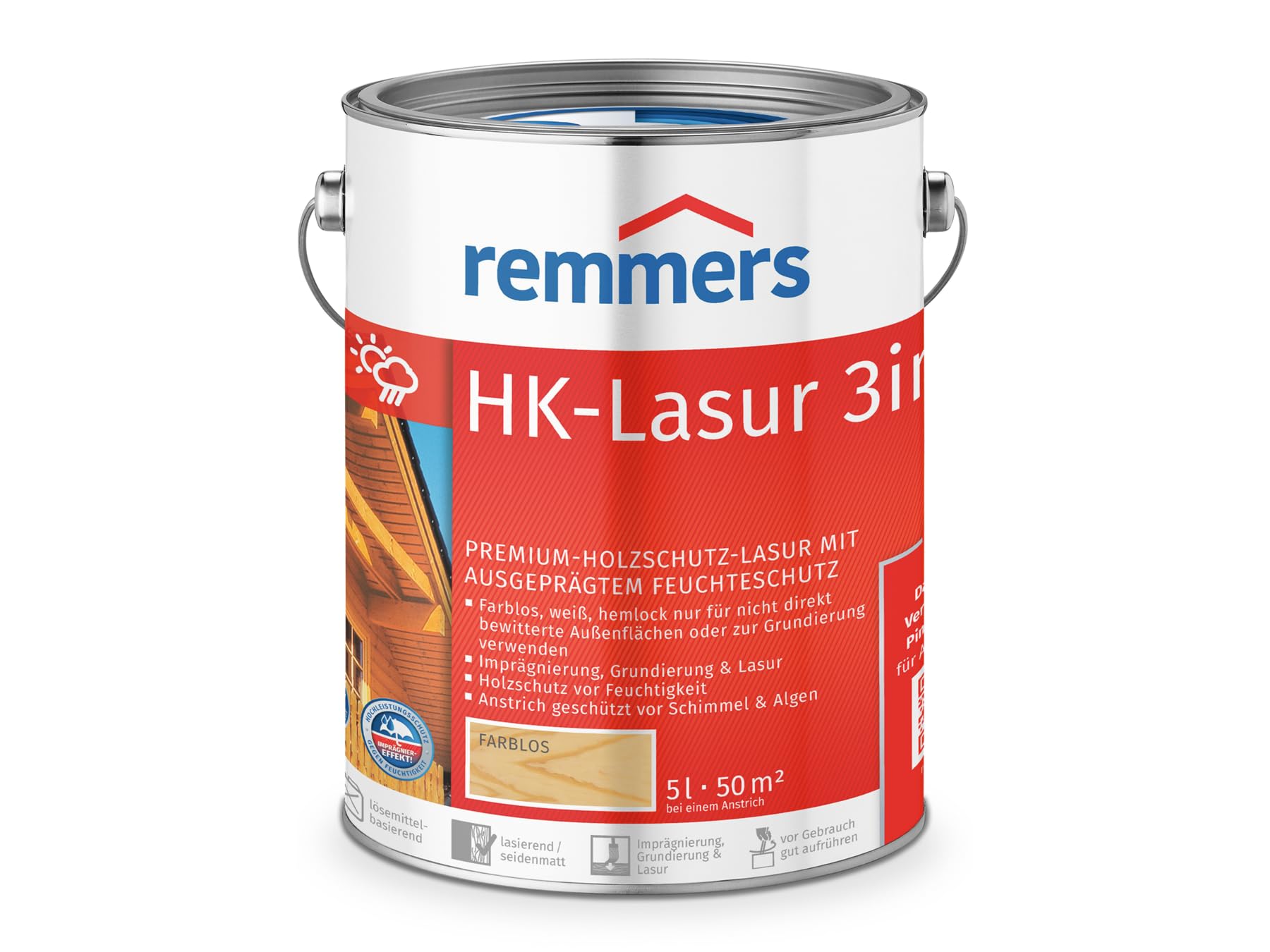Remmers Vernice trasparente HK incolore, 5 litri, vernice trasparente decorativa premium per esterni, tripla protezione del legno con impregnante + fondo + finitura, protezione del legno da umidità e raggi