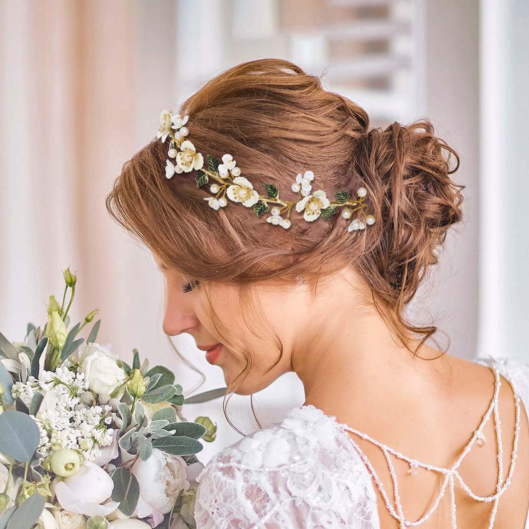 IYOU Sposa Matrimonio Cerchietto Oro Fiore Bande Capelli Filo di Rame Perla Copricapo Damigella d'onore Spose Accessori per Capelli per Donne