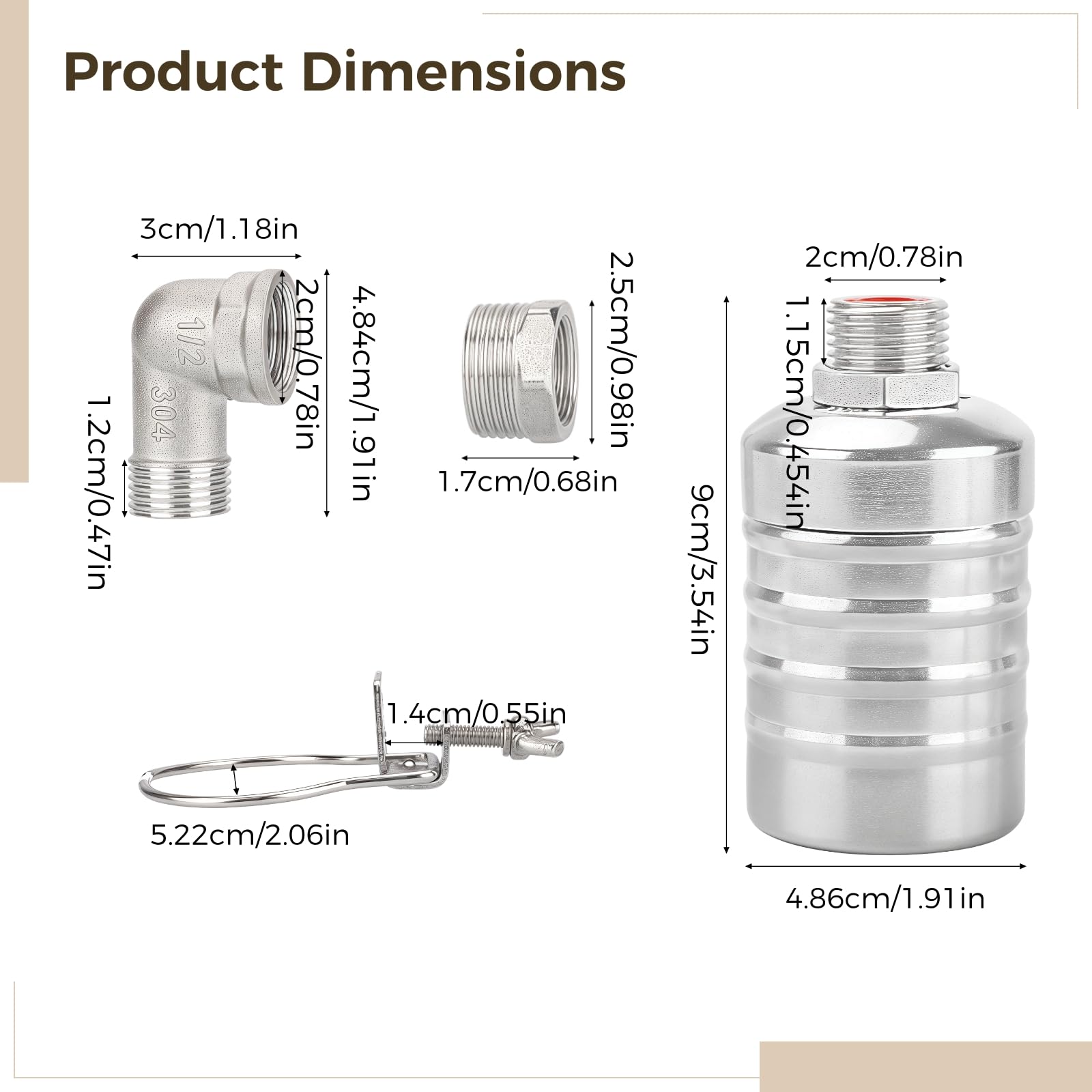 Valve à flotteur en acier inoxydable, contrôle automatique du niveau d’eau, connecteur 1/2 pouce à 3/4 pouce, pince de fixation à bord étroit, usage sans électricité, résistante à la rouille