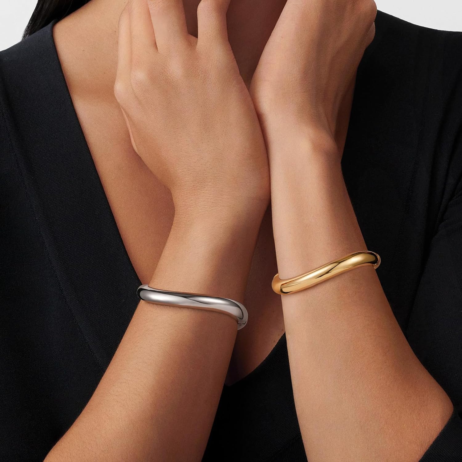 14K Gold Plated Bangle Bracelets for Women Silver Plated Polished Chunky Twisted Hinged Waterdrop Bangle Bracelet for Women Spiraled Oval Bangle Bracelet 2Pcs Minimalist Jewelry - Image 2