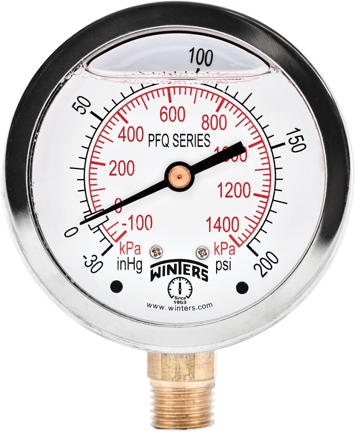 Winters 2-1/2" Dial Size, Liquid Filled Industrial Pressure Gauge, Brass Internals, Stainless Steel Case, Dual Scale 30" Hg-0-200 psi/kPa, 1.5% Acc, 1/4" NPT Bottom Mount, Pressure and Vacuum Gauge