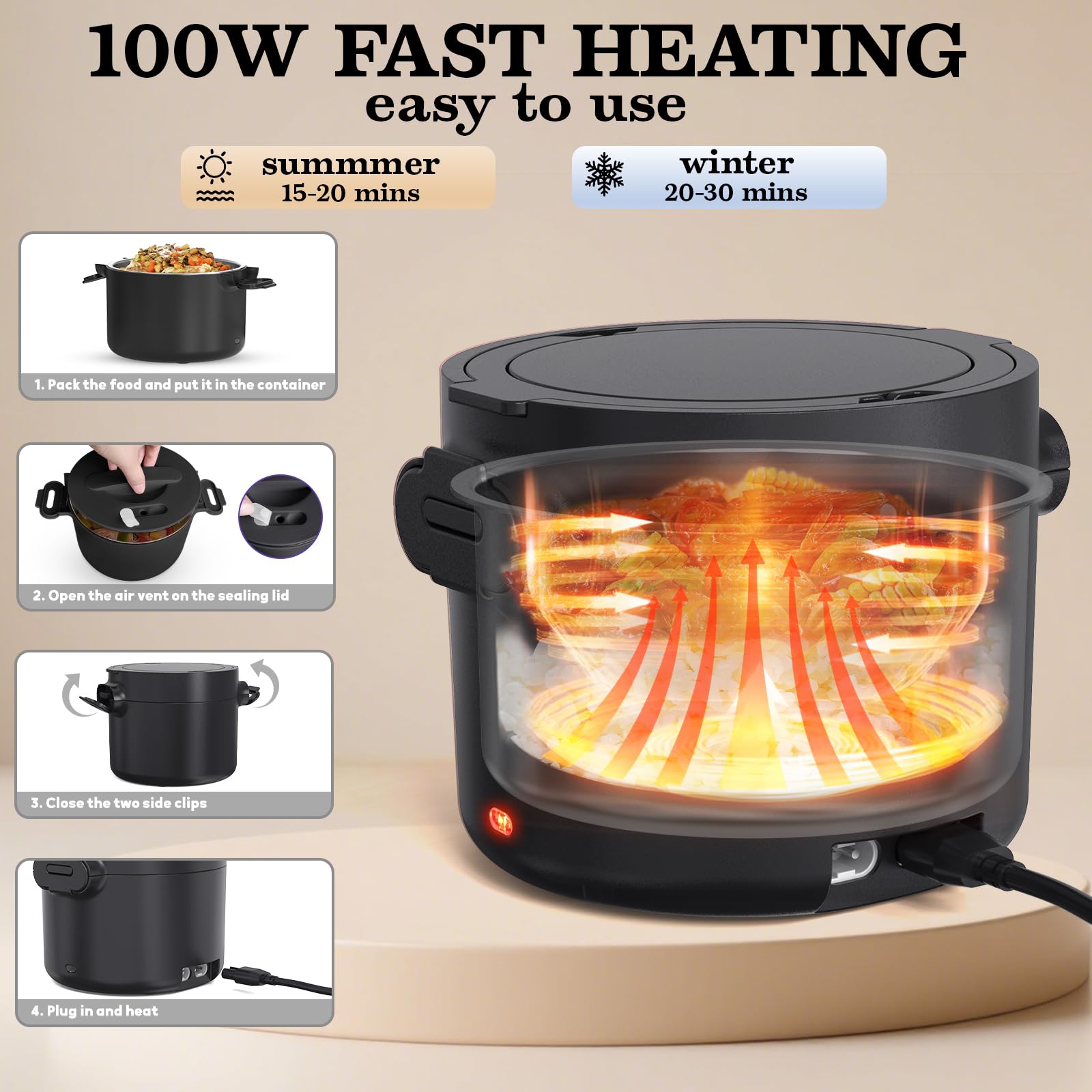 Lonchera eléctrica, calentador de alimentos portátil de 33 onzas, calentamiento rápido de 100 W y acero inoxidable 304 a prueba de fugas, 3 en 1 (automóvil 12 V/24 V y hogar 110 V) | Perfecto para 2