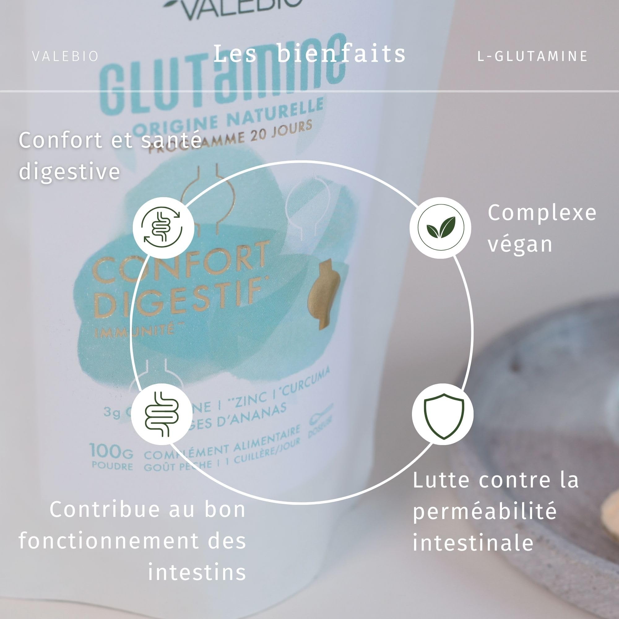 L Glutamine | 3 000mg/dose | Récupération musculaire et santé intestinale | Anti inflammatoire (curcuma & zinc) | Goût pêche, vegan et made in France | 100 g poudre | Valebio