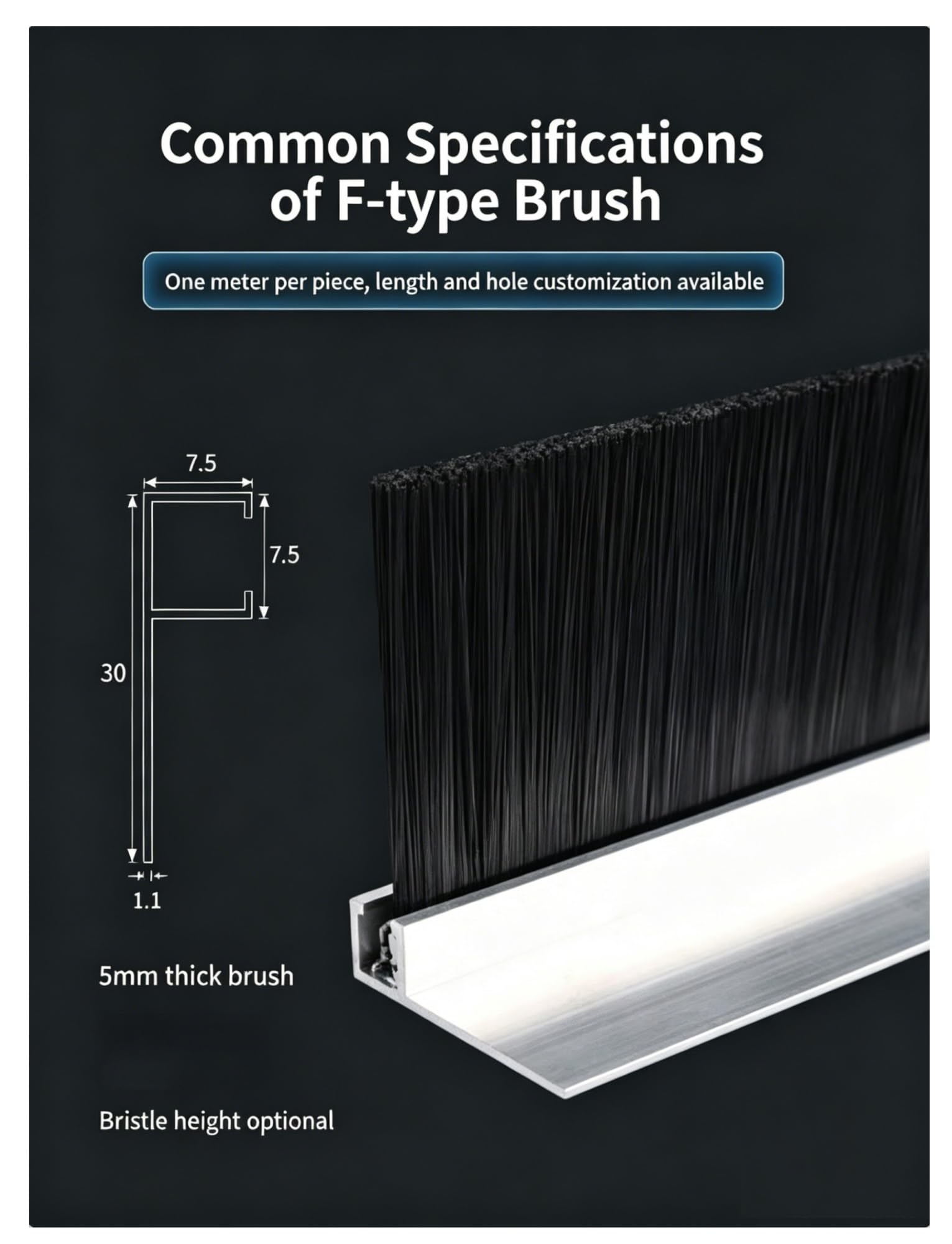 Generisch Türbürstendichtung, Aluminium-Türdichtung mit Bürste, 100 cm Schwarze PP-Dichtungsleiste für den Türspalt unten, F-Typ (70 mm) – Effektiver Zugluftstopper und Schalldämmung