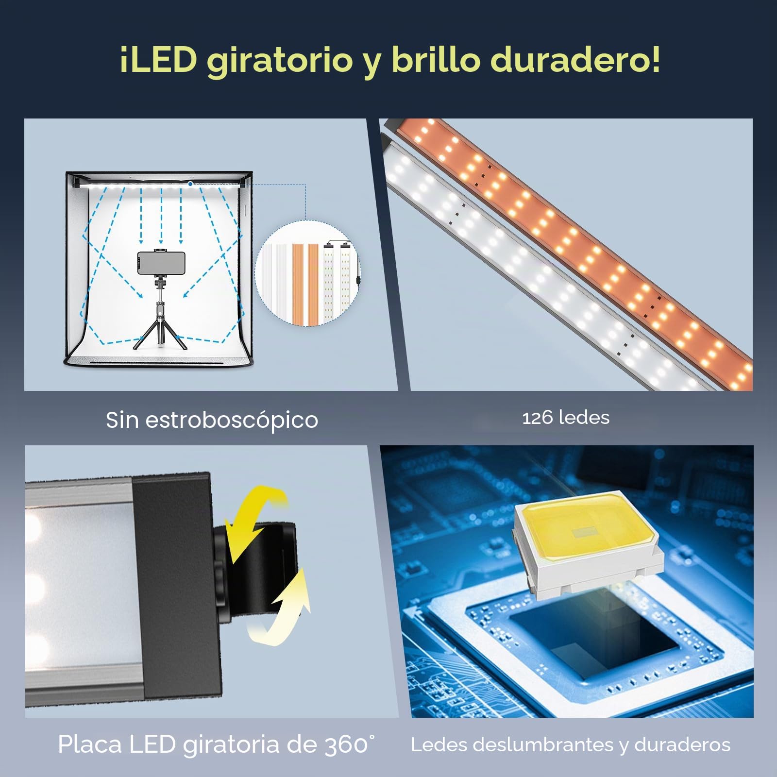 Caja de luz Fotografía 60x60x60CM, Caja de luz para Fotografía con Soporte, Brillo Ajustable 0-100% Estudio Fotográfico Equipada con 126 Cuentas LED Giratorias de 360°