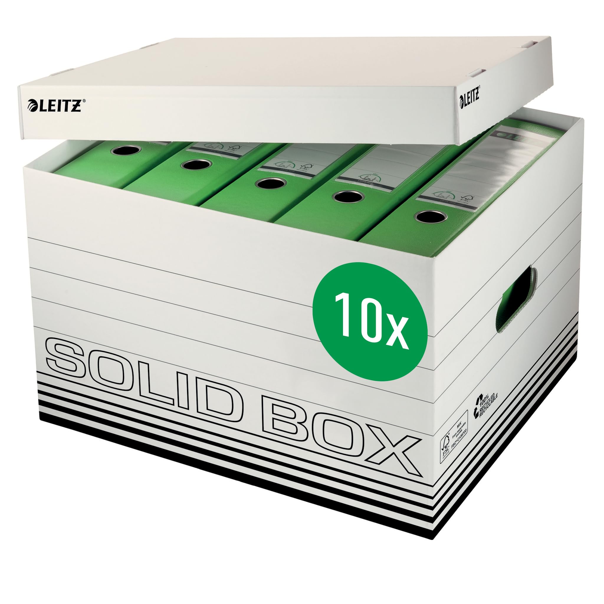 Leitz Solid Box 61190001 - Scatola per raccoglitori Leitz A4 o formato A4, con coperchio, 100% cartone riciclato scanalato, 10 pezzi, colore: Bianco