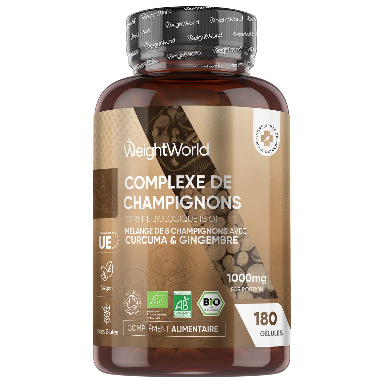 Complexe 8 Champignons Bio 180 Gélules Vegan Certifié AB - Reishi, Lions Mane, Cordyceps, Chaga, Shiitake, Maitake, Huître, Coprin, Champignons Gélules Enrichi en Curcuma et Gingembre pour 3 Mois