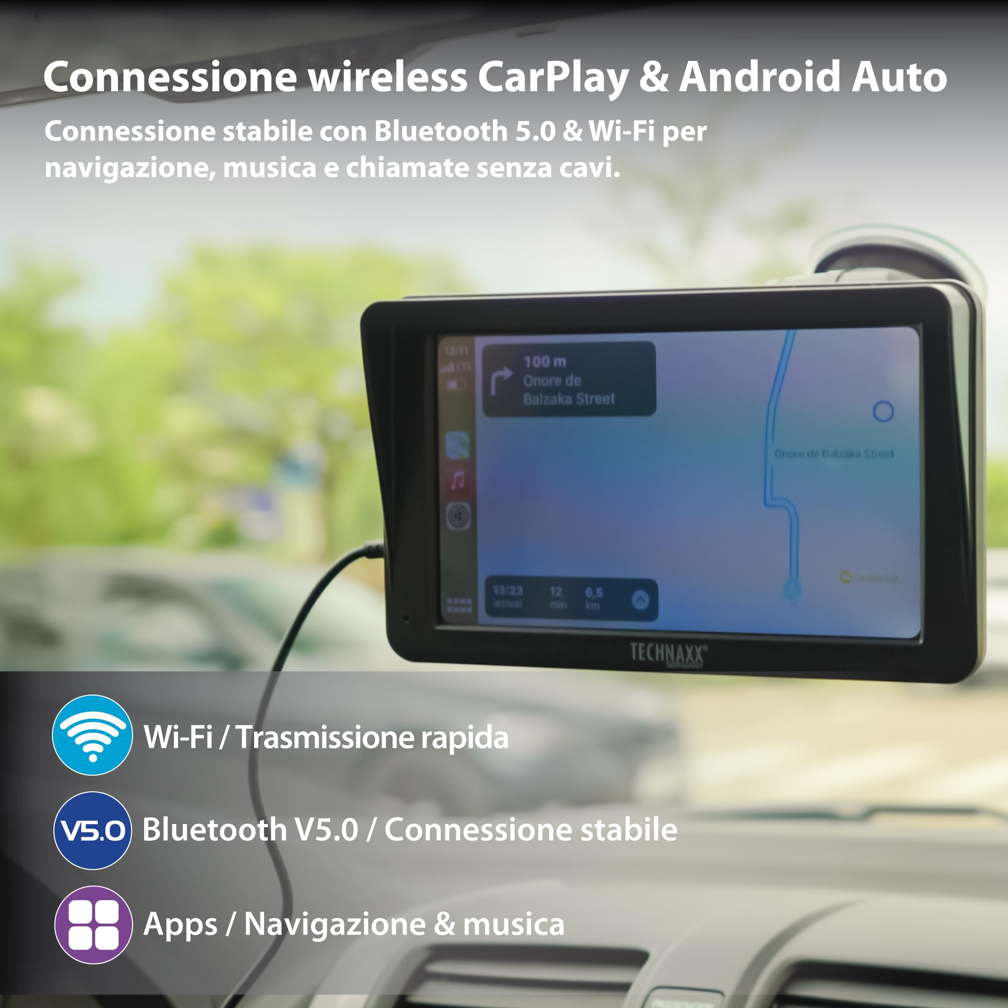 Technaxx TX-320, Wireless Car Play & Android Auto Display 7” per Apple Car Play e Android Auto con Bluetooth 5.0, trasmettitore FM, AUX, altoparlante incorporato, supporto per cruscotto/parabrezza