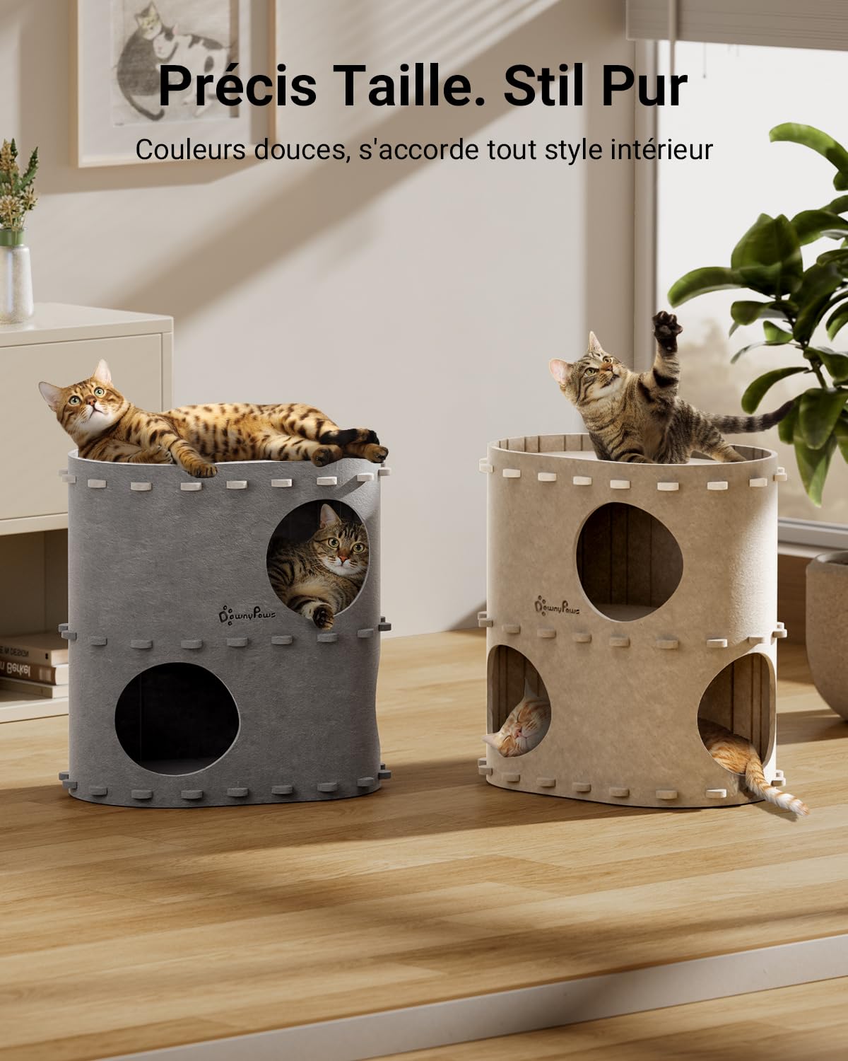 DownyPaws Grotte à Feutre, lit pour Chat à 2 Niveaux, 50 x 33 x 50 cm, Château-Maison de Jeu, Design Chaleureux, Protège Les Griffes, Beige