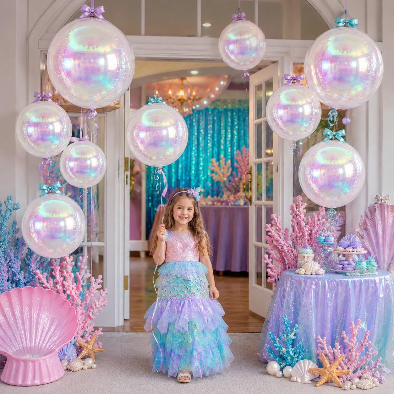 12 globos redondos iridiscentes de papel de aluminio, 22" 15" 10" globo transparente 4D, globos holográficos para cumpleaños, boda, arcoíris plegable bajo el mar, decoración de fiesta de sirena