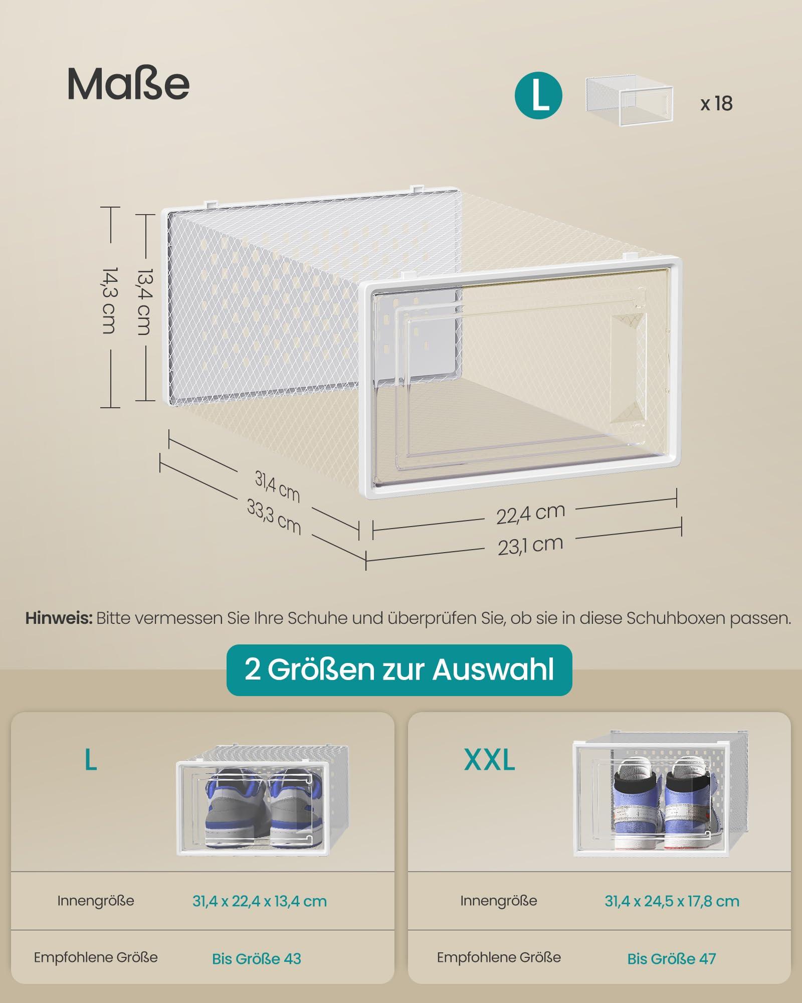 SONGMICS Schuhboxen, Schuh-Organizer aus Kunststoff, faltbar und stapelbar, für Schuhe bis Größe 43, 18er Set, transparent-wolkenweiß LSP18SWT