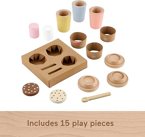 Miniatura 5 de Fisher-Price Juego de café para ir de madera, juego de 15 piezas de madera con tazas y comida para niños preescolares a partir de 3 años