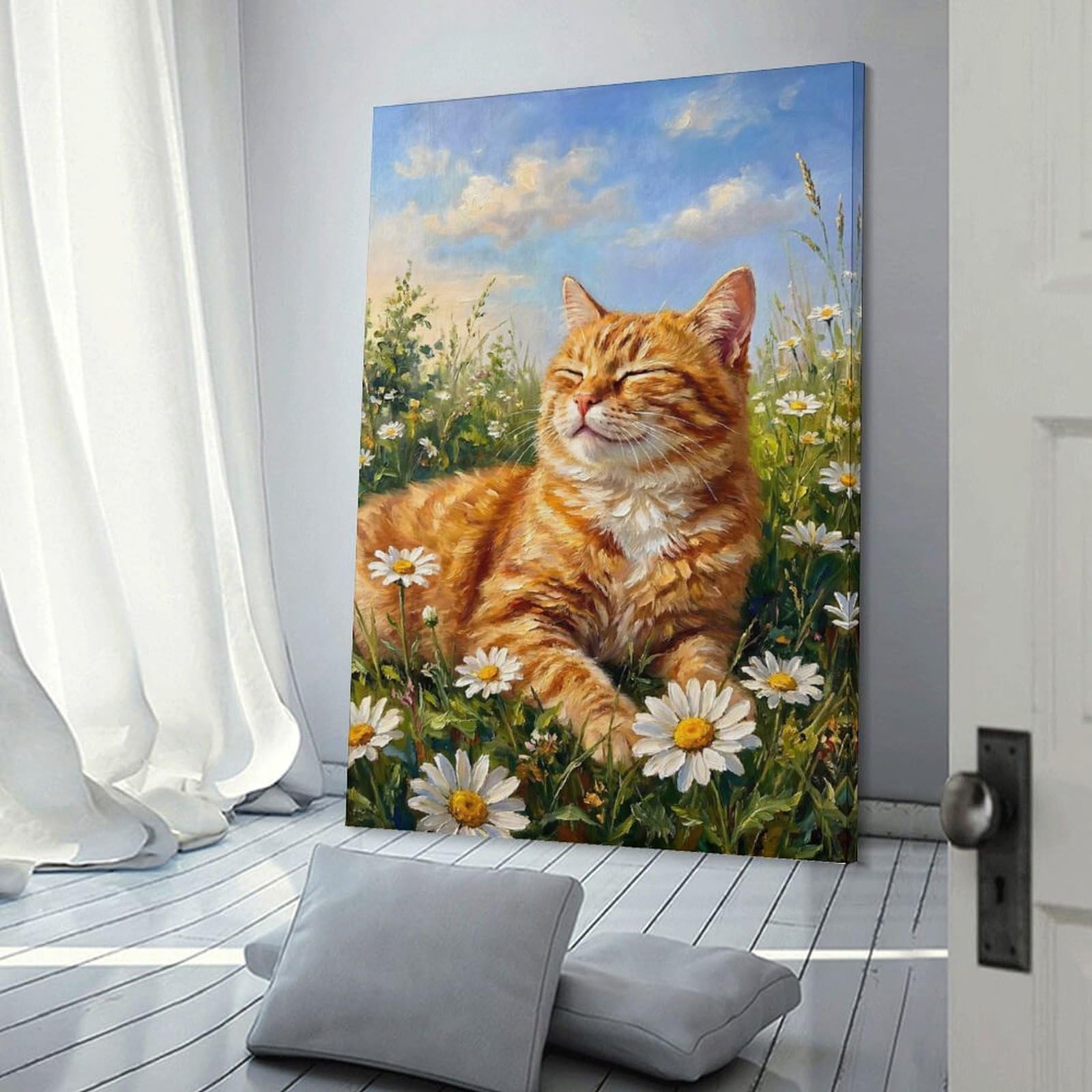 Junmoney Orange Cat in A Field Flower Home Decor Wall Art, 08x12inch(20x30cm), for Apartment Walls, Studios Or Work Areas, Decorative Canvas Decor for Home Updates