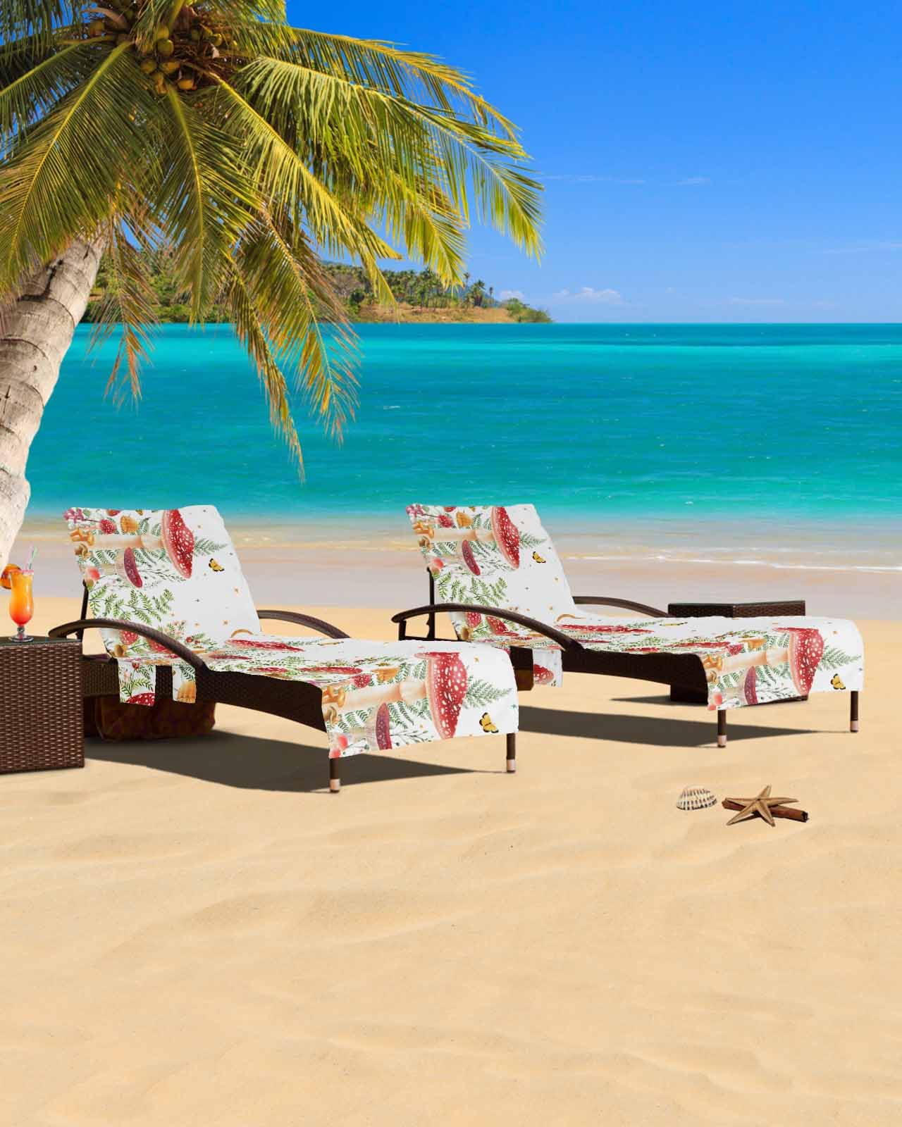 Mushroom Beach Chair Cover with Side Pockets, Microfiber & Quick Dry Pool Chaise Lounge Chair Towels Covers for Sun Sunbathing Patio Garden Hotel, Botanical Wildflower Herbs White Watercolor