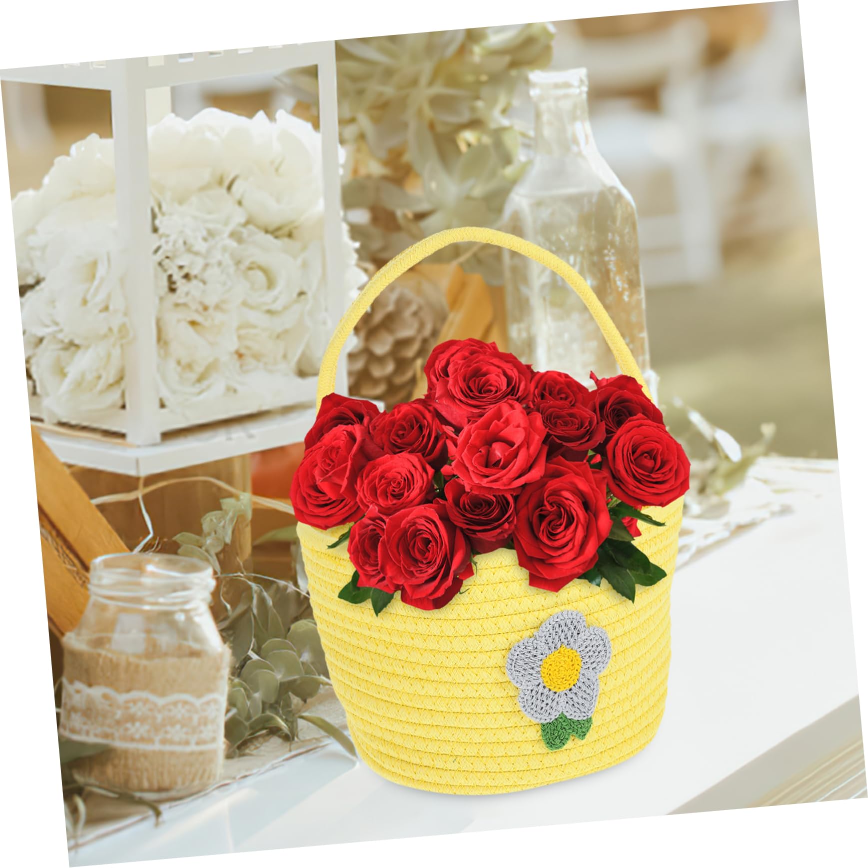 KOMBIUDA Hand-woven Cotton Rope Basket with Handle Portable Woven Storage Basket for Dried Flowers Rustic Home Decor Outdoor Use Holder Floral Design