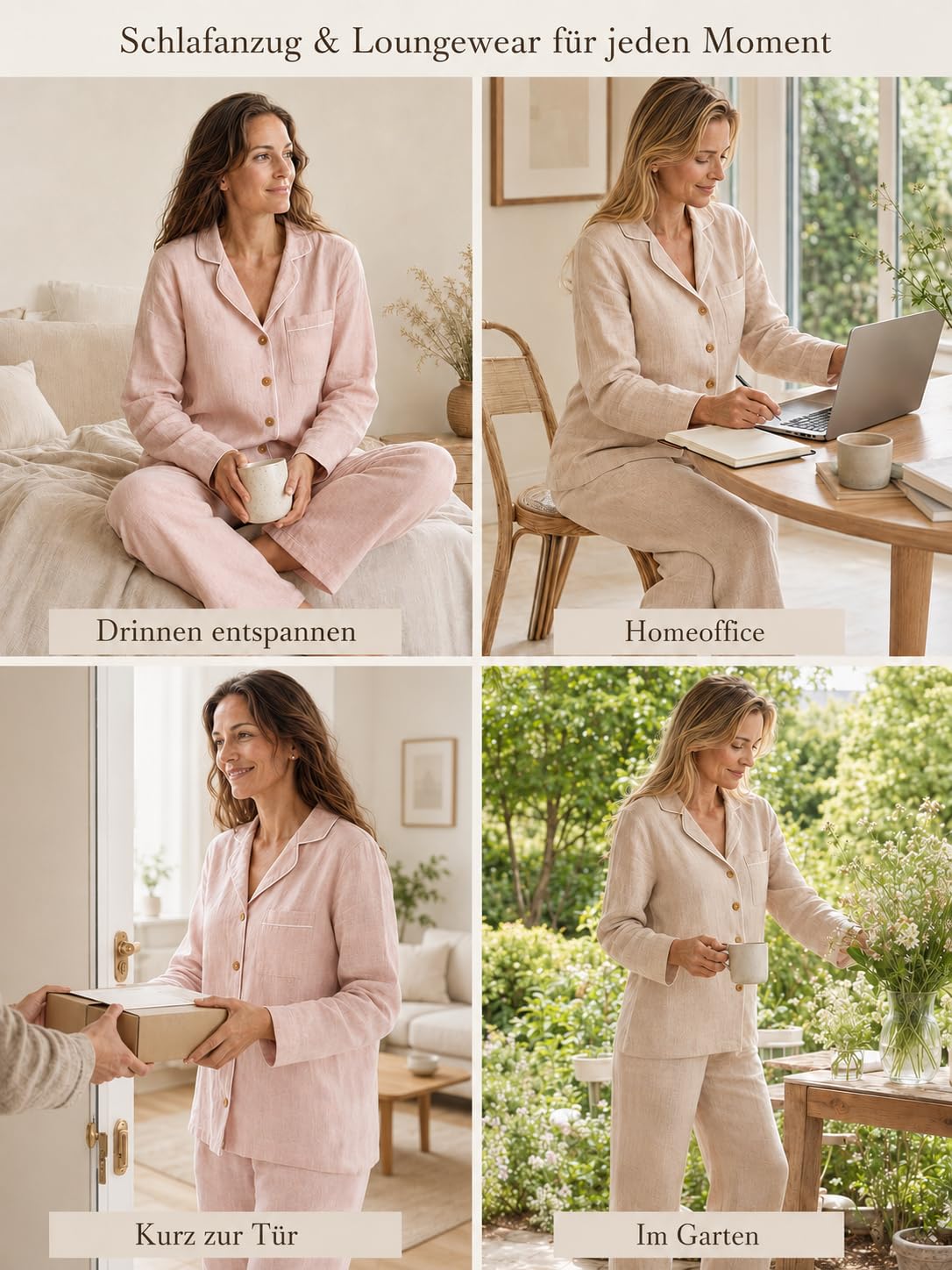 RAKUYUME Damen Pyjama Set, Leinen Langarm Schlafanzug mit Hose | 100% Leinen, atmungsaktive Damen Nachtwäsche, Ganzjahres-Pyjama, Hausanzug und Loungewear für Zuhause