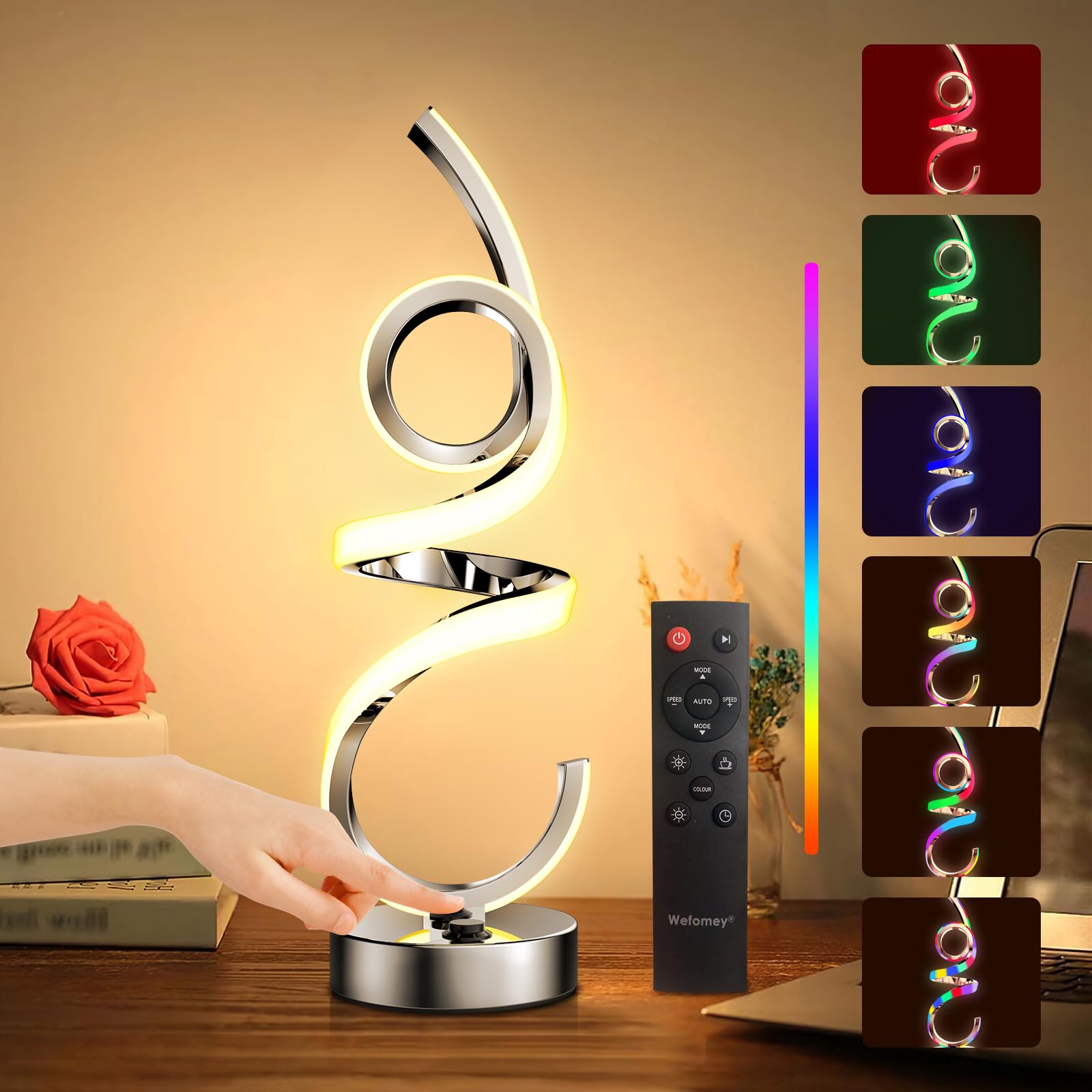 Lampada da comodino a LED dimmerabile, RGB bianco caldo, senza fili, a spirale, moderna, con batteria, ricaricabile, 10 modalità dinamiche con telecomando e timer, luce notturna per camera da letto