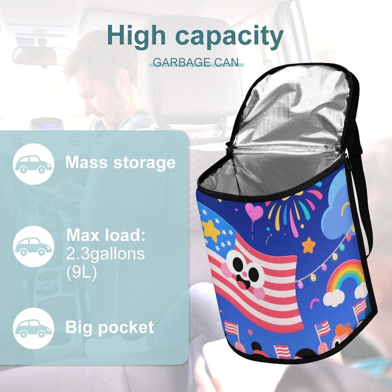YHNNH Car Trash Can Fireworks Colorful Flags Car Trash Bag with Cover and Waterproof Bin for Cars, SUVs and Trucks and in Places Such As Bathrooms image 3