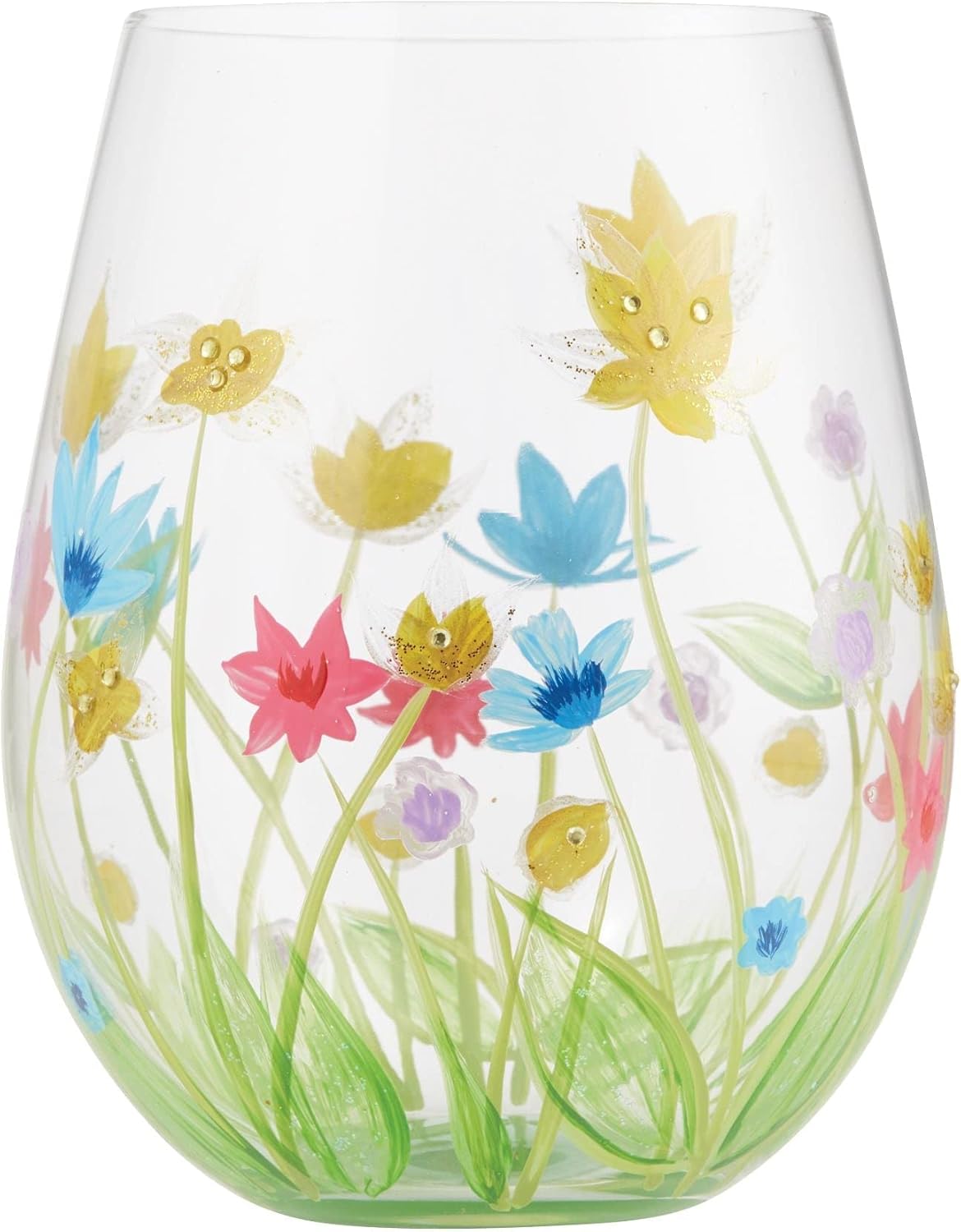Enesco Designs by Lolita Field of Dreams Floral Hand-Painted Artisan Stemless Wine Glass, 20 Ounce, Multicolor