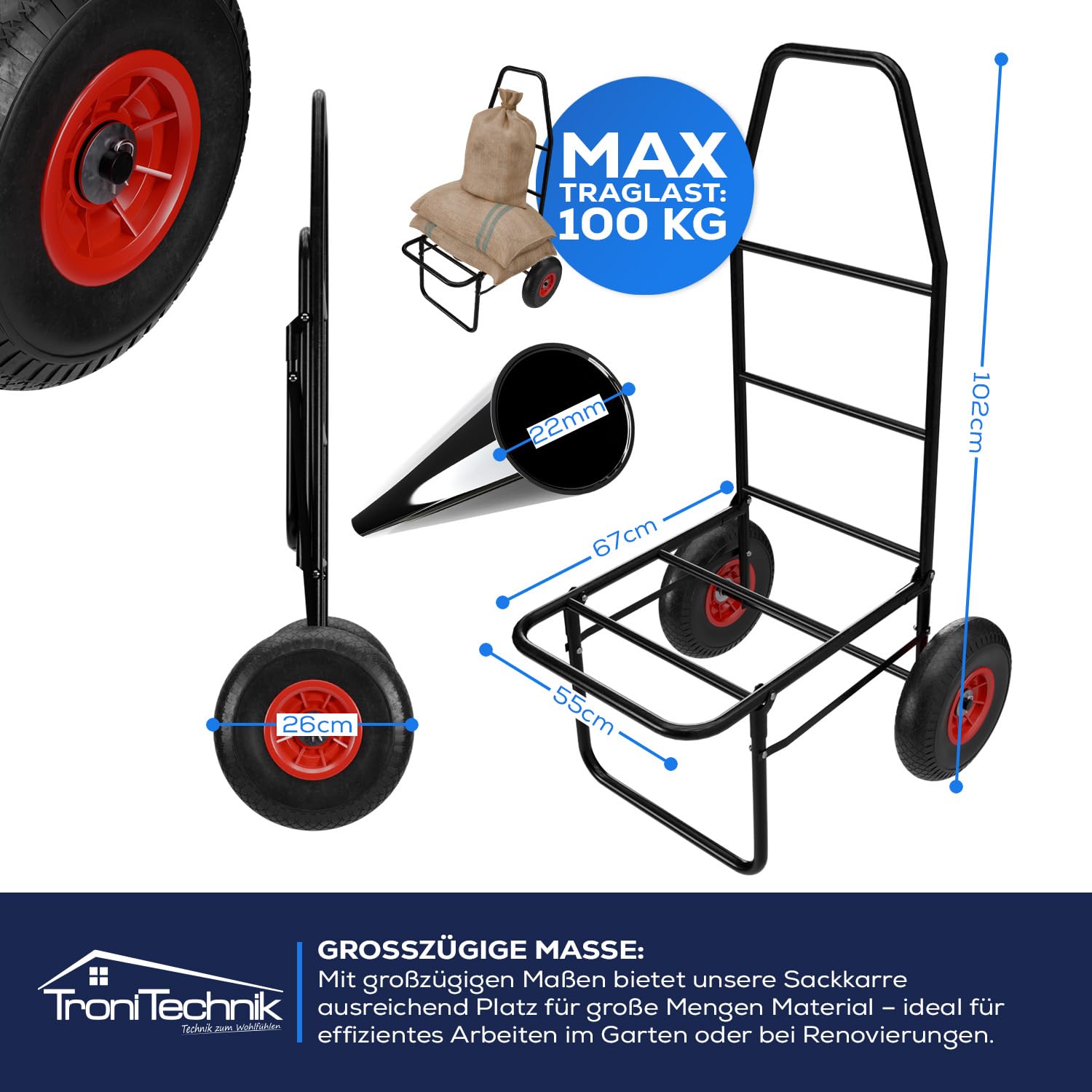 Tronitechnik® Anglerkarre klappbar mit Luftbereifung, 67x55x102 cm, Faltbarer Transportwagen bis 100 kg Tragkraft, stabile Sackkarre für Garten, Camping, Angeln und Freizeit
