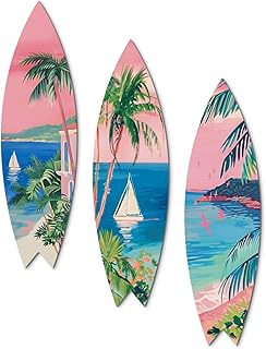 Putuo Decor Set of 3 Surfboard Wall Decor with Triangle Hooks, Tropical Coastal Wooden Wall Art with Palm Trees and Sailboats, Beach-Themed Wall Hanging for Home, Office, Patio