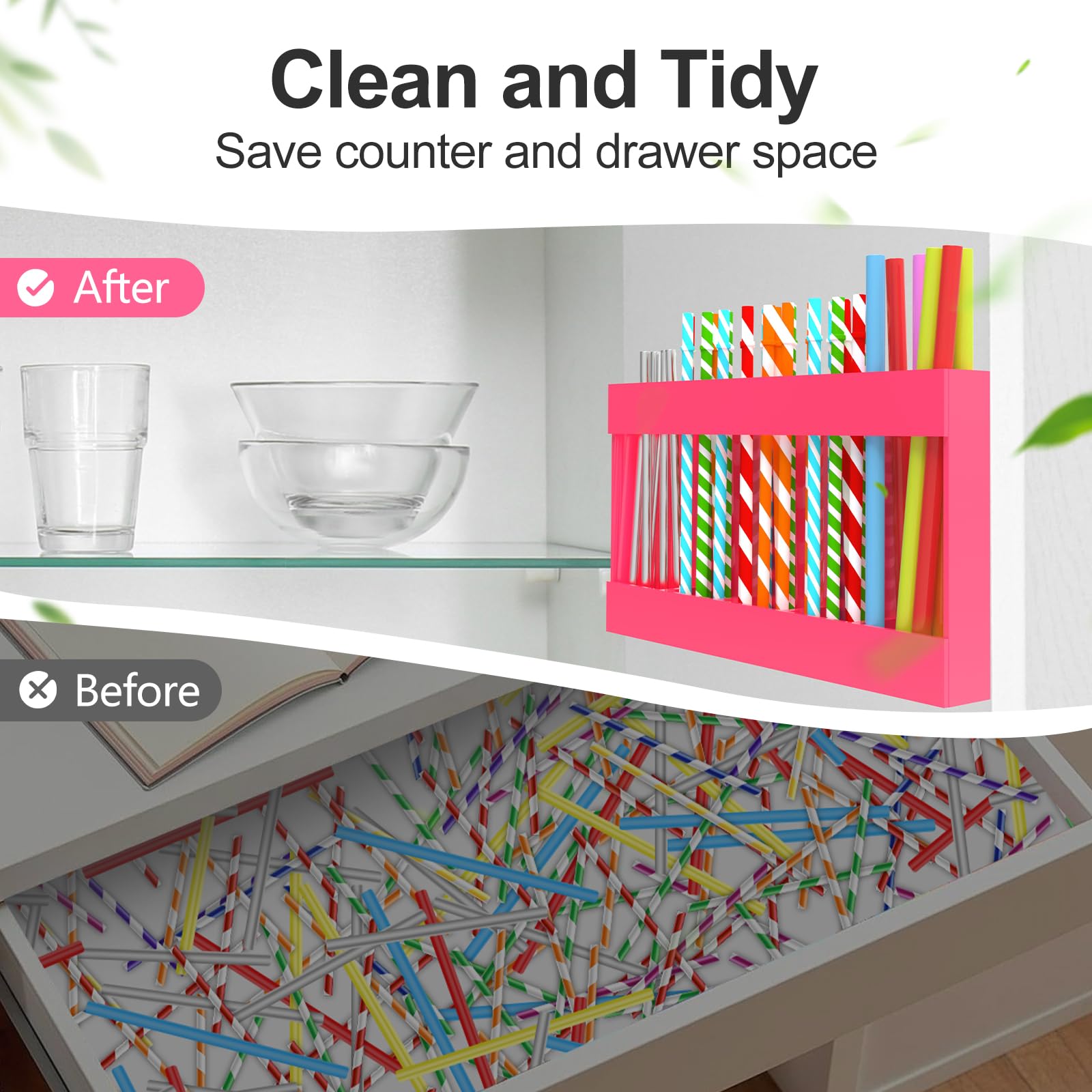 Rycid 9.5” Large Acrylic Straw Holder for Cabinet Door with Detachable Ultra Sticky Adhesive Squares and Stickers, 2026 Reusable Straws Organizer Storage Dispenser for Kitchen Counter Cupboard