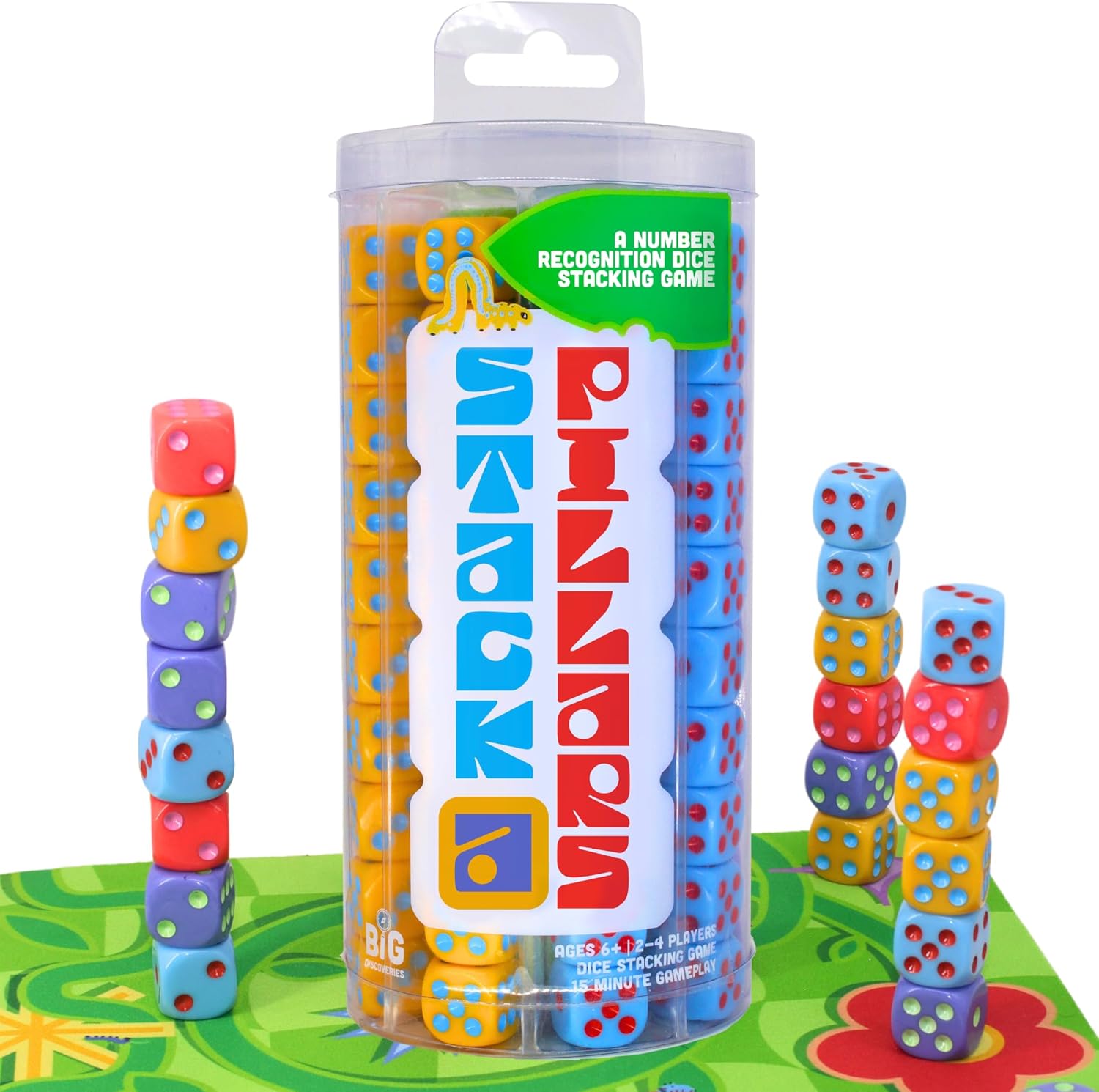 Big Discoveries Stack-a-Pillars – Dice Stacking Family Game for 2-4 Players | Fun 15-Minute Strategy Games with 80 Piece Dice Set and Double-Sided Mat | Great for Game Night, Travel, Kids, and Adults