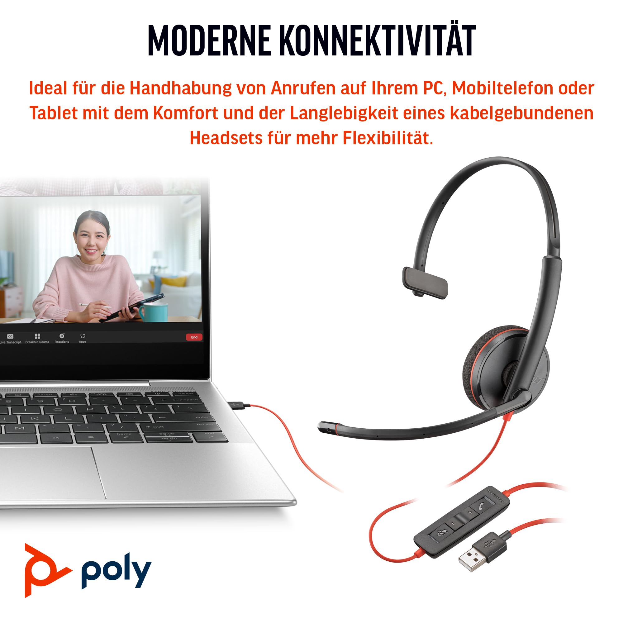 Schnurgebundenes USB-C-Headset Poly Blackwire 3210 – Noise Cancelling-Mikrofon – Ein-Ohr-Design – Verbindung mit PC/Mac über USB-C oder USB-A – Kompatibel mit Teams, Zoom