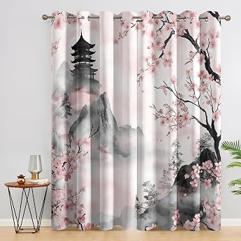 Curtains Japanese Cherry Blossoms Blackout Curtain Set of 2 - Opaque Asian Pattern Thermal Curtain for Decorative Living Room Bedroom Curtains with Eyelets 160 x 132 cm H x W