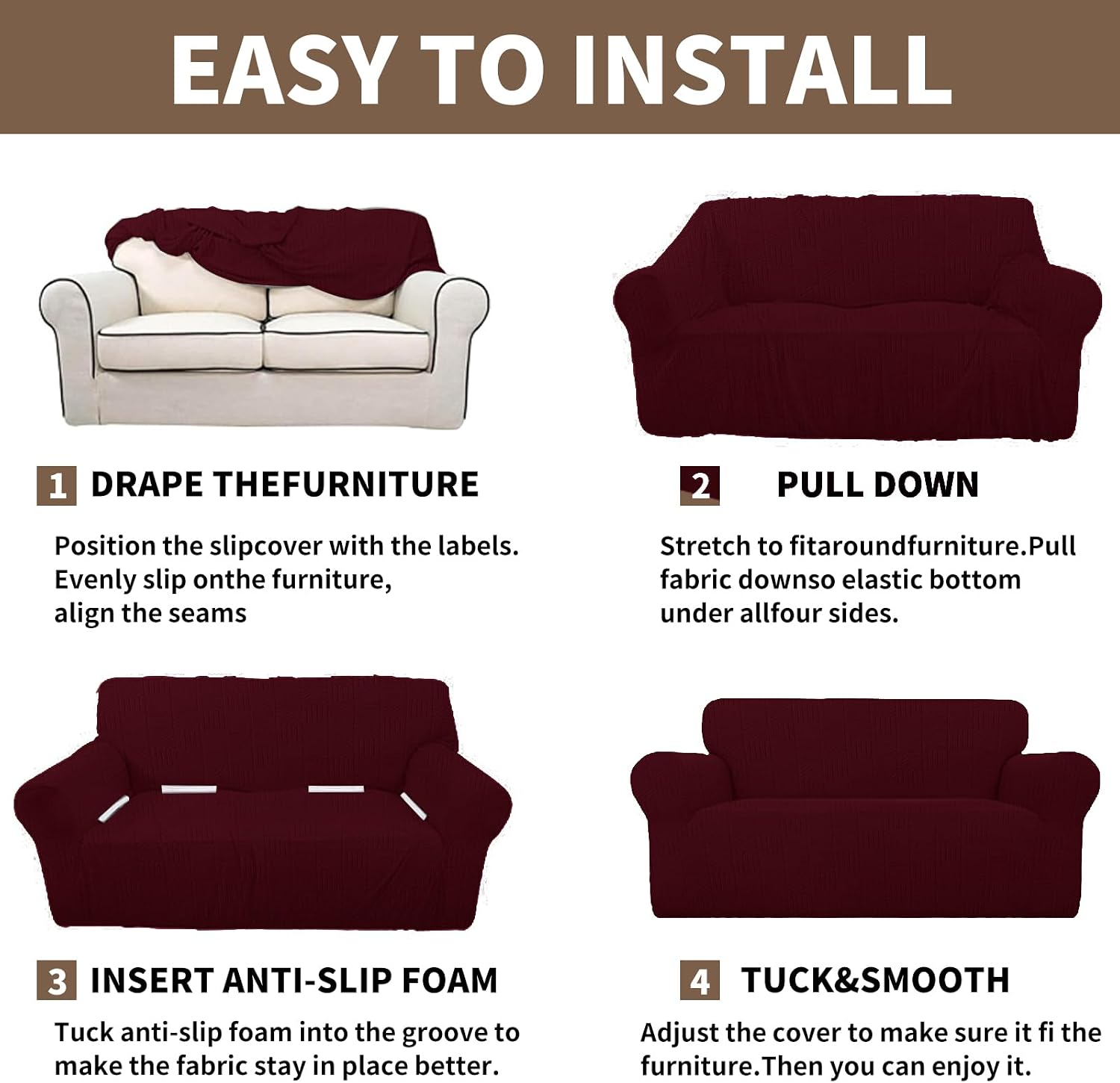 Stretch Sofa Covers for 3 Cushion Couch, Sofa 73"-85", Burgundy