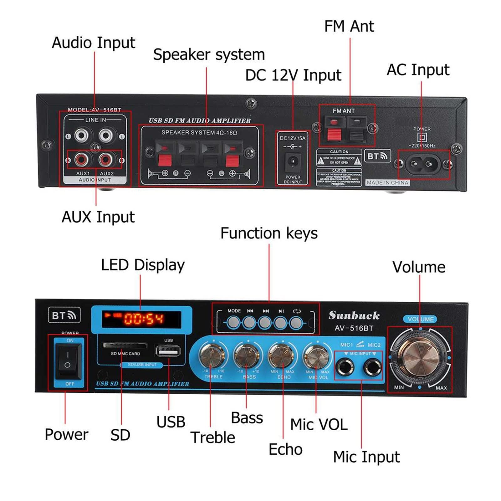 Amplificatore Audio, Amplificatori auto 2ch 2000w. Amplificatore di potenza audio. DC12V. Con il supporto del telecomando FM USB SD. Carta Bluetooth.