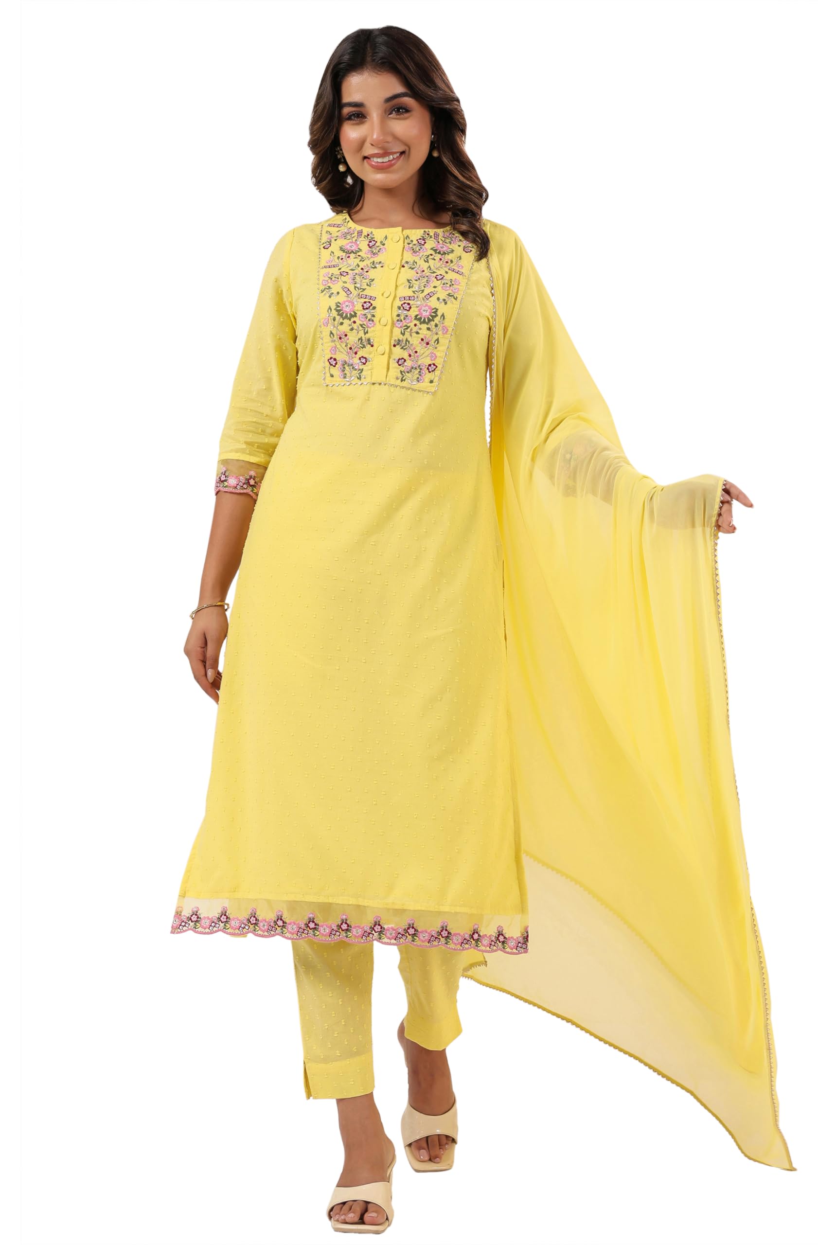 janasya Women's Yellow Dobby Pure Cotton Embroidered Straight Kurta Set-picture-15