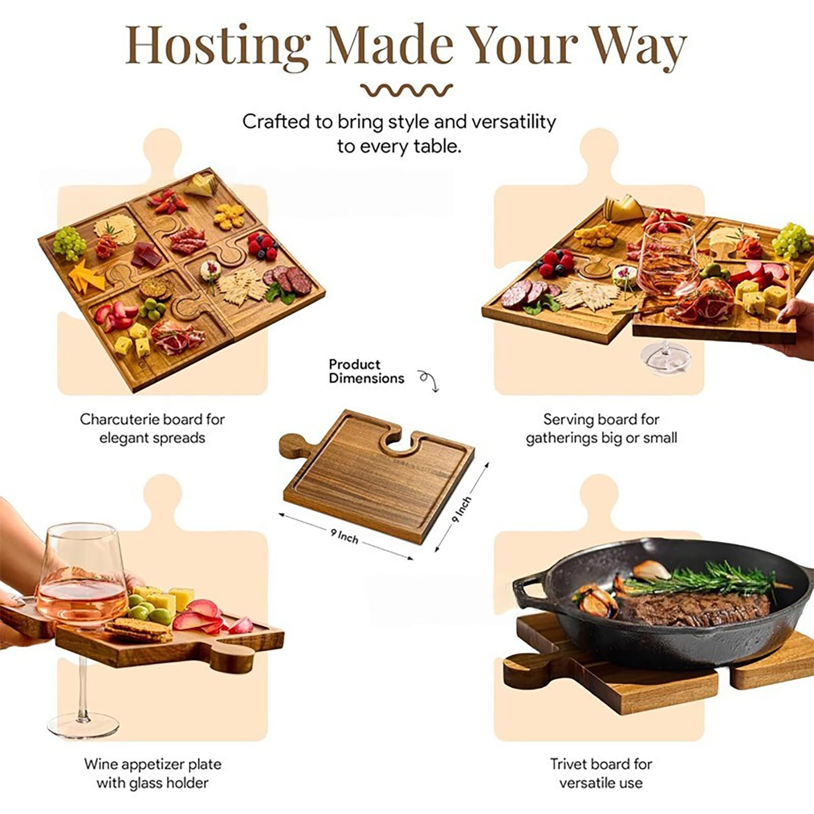 Charcuterie Board Set - 4-teiliges Holzpuzzle Schneidebretter mit Griffen und Aufbewahrungsbox zum Servieren von Fleisch, Gemüse und Obst auf Partys oder Zuhause