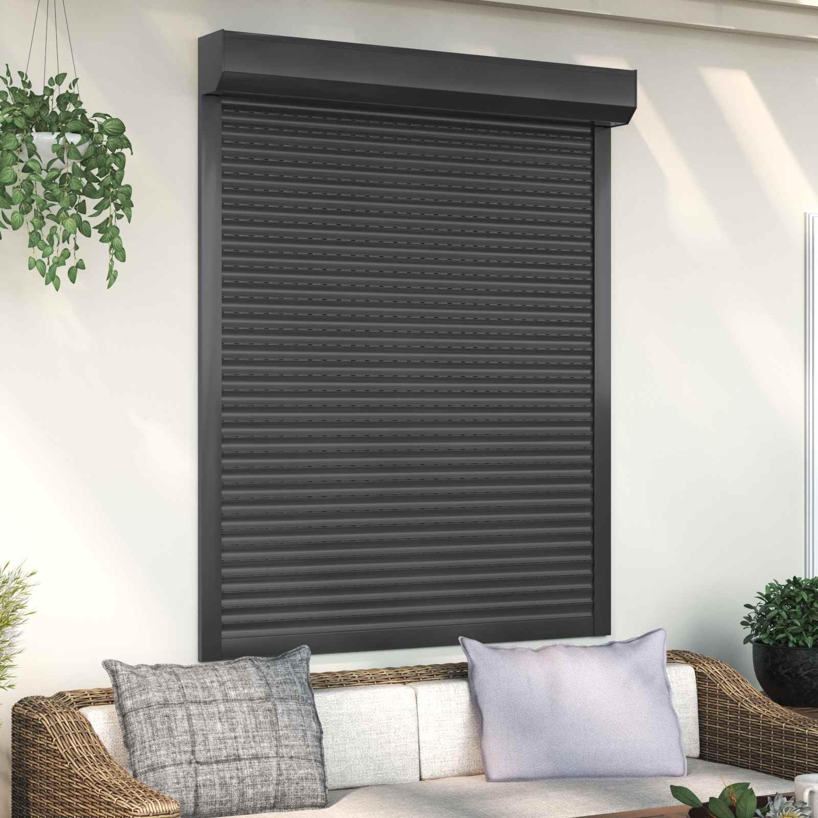 Volet roulant anthracite 120 x 150 cm en aluminium polyuréthane avec rail de guidage, pilote manuel pour fenêtre, extérieur, brise-vue et protection solaire