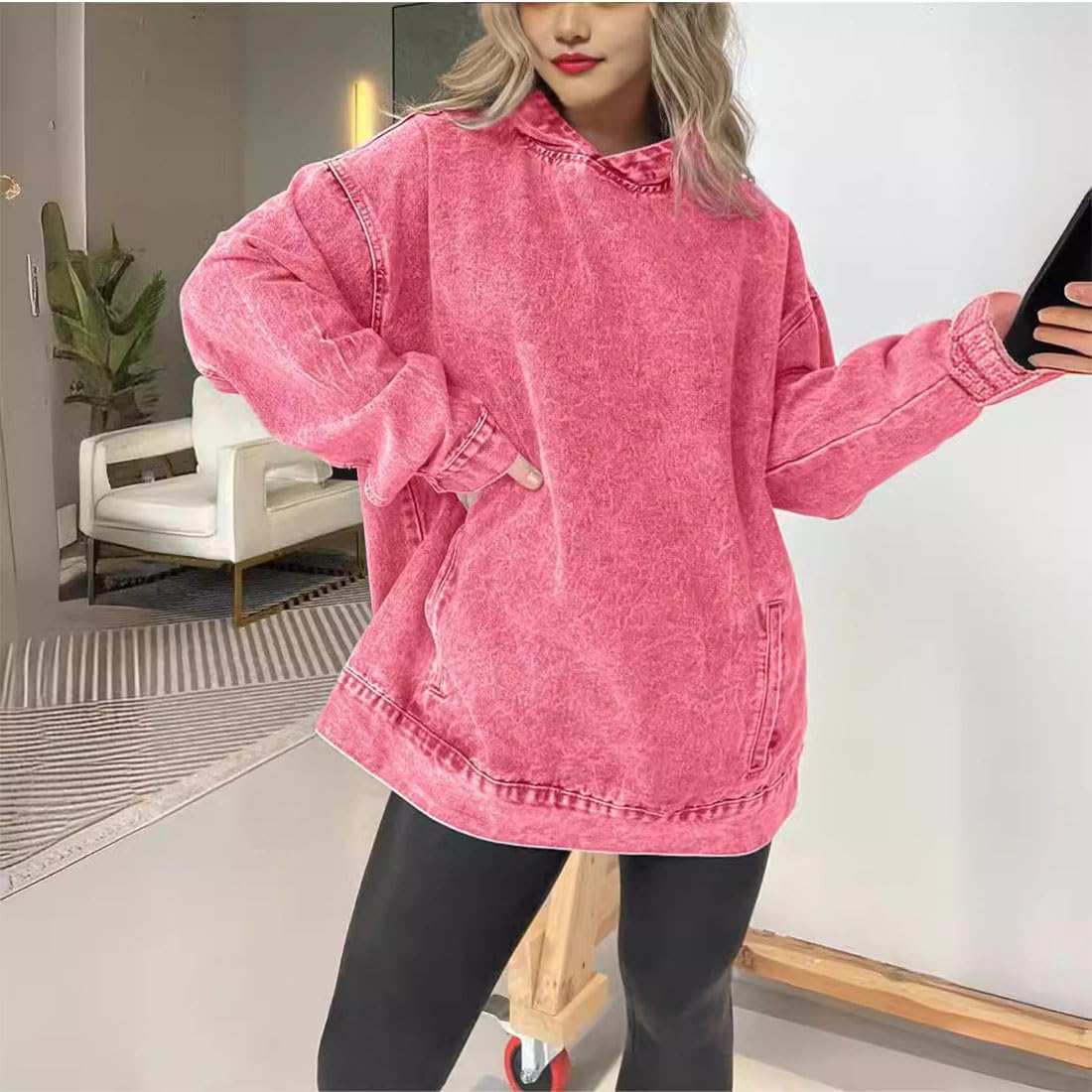 Sudadera Vaquera con Capucha para Mujer, Cuello en V, Oversize, Bolsillos Delanteros, Estilo Casual