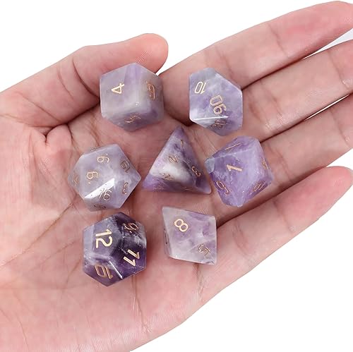 Loveliome Juego de 7 piezas de dados poliédricos DND de cristal para juegos de rol RPG, juegos de mesa de mazmorras y dragones, amatista
