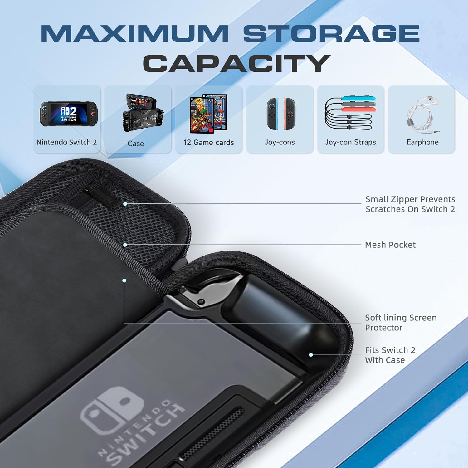 YAOTUBAG Carrying Case for Nintendo Switch 2 2025, Large Capacity Travel Protective Handbag, Hard Shell Portable Pouch, Holds Cased Console, Accessories, 12 Game Cards [Plus Version] Black - Image 4