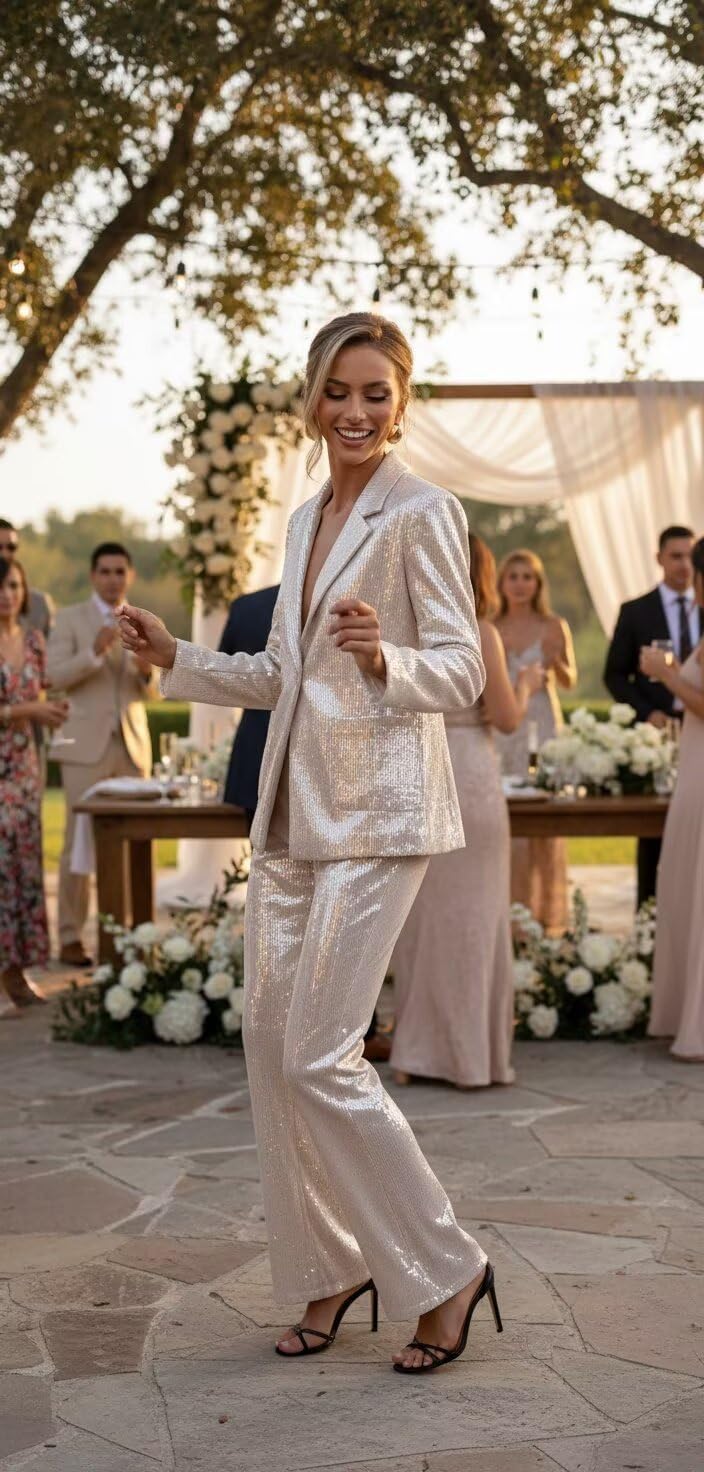 Sequin Pants Suit for Women Dressy V Neck 2 Piece Suit Set Sparkly Blazer and Flared Pants Formal Party Outfits
