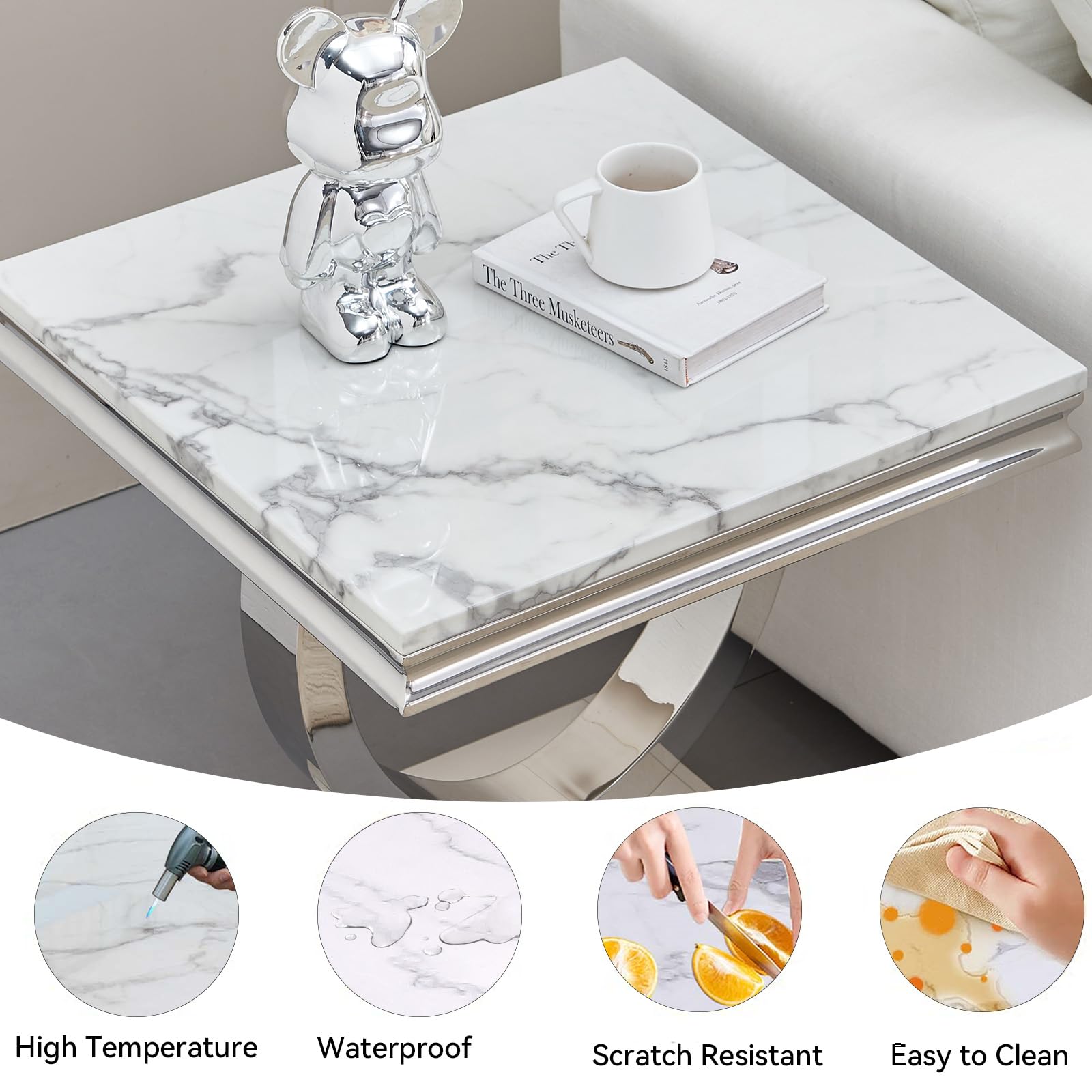 Marble Coffee Table Piece And End Table Set, Modern White Faux