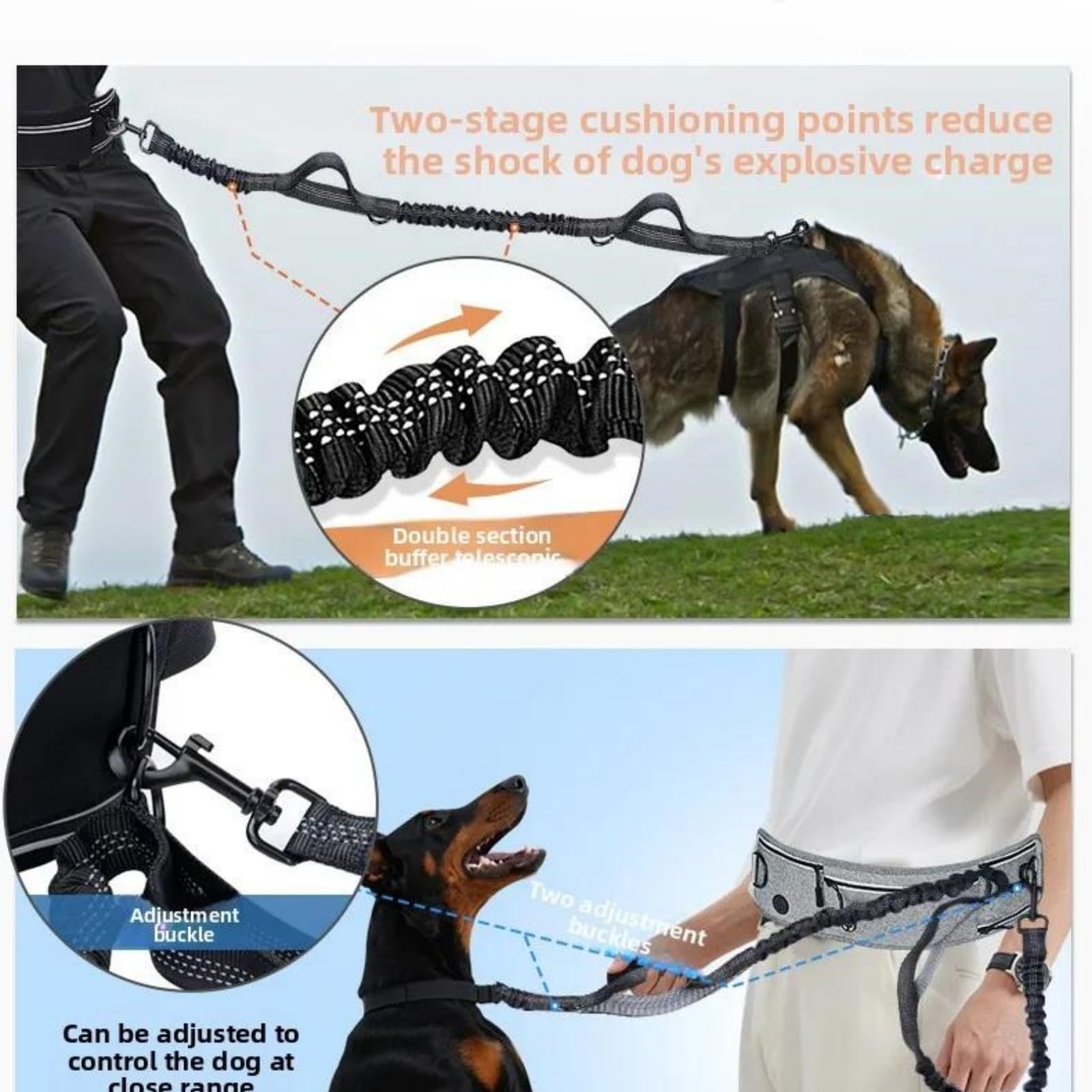 Laisse Mains Libres Ceinture Ajustable Sac Banane, Anti-Traction Réfléchissante Double Poignée Grands Chiens, Jogging Randonnée Cyclisme,Bleu